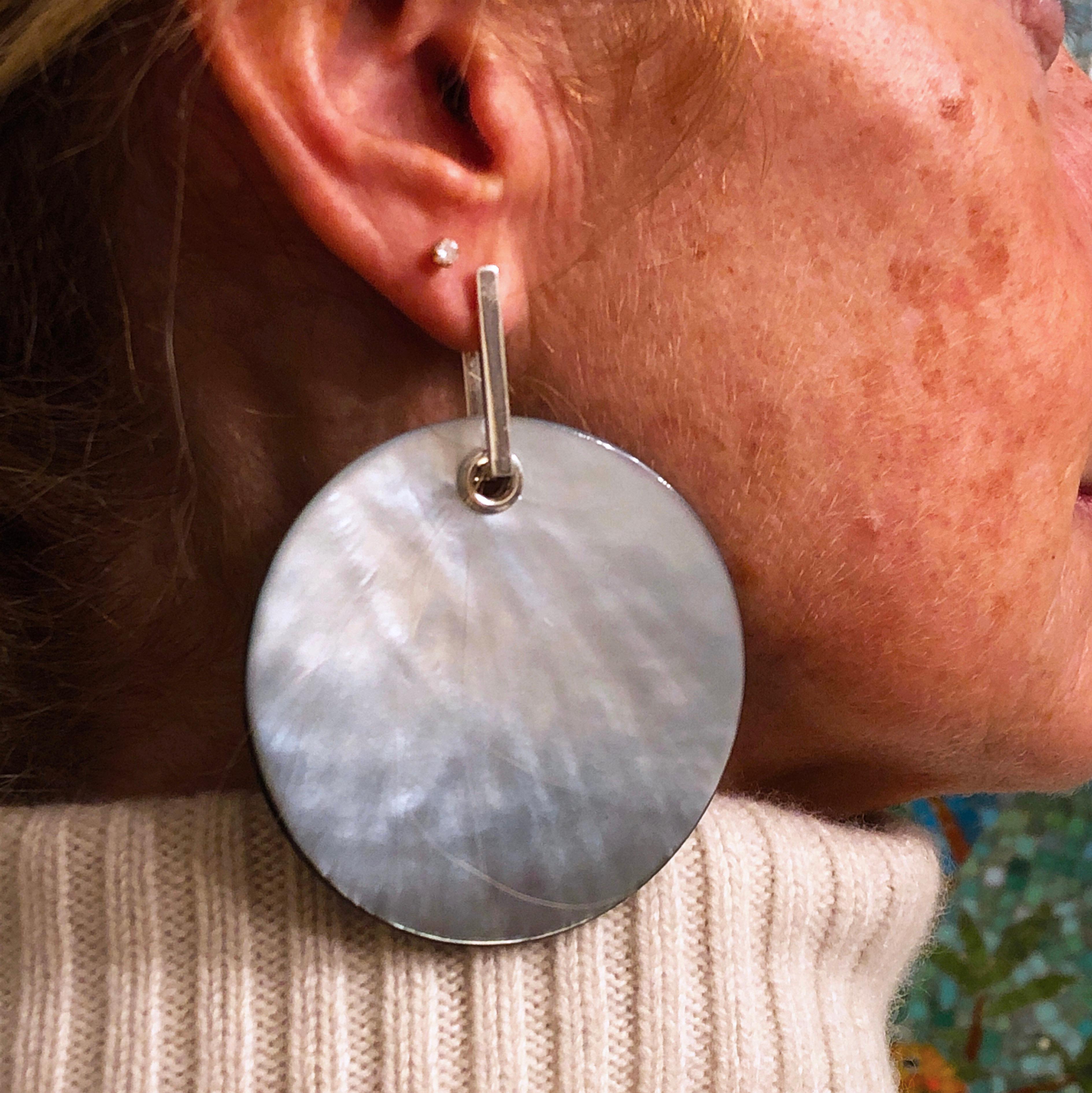 Berca Grey Mother of Pearl Enameled Disk Sterling Silver Removable  Earrings For Sale 3