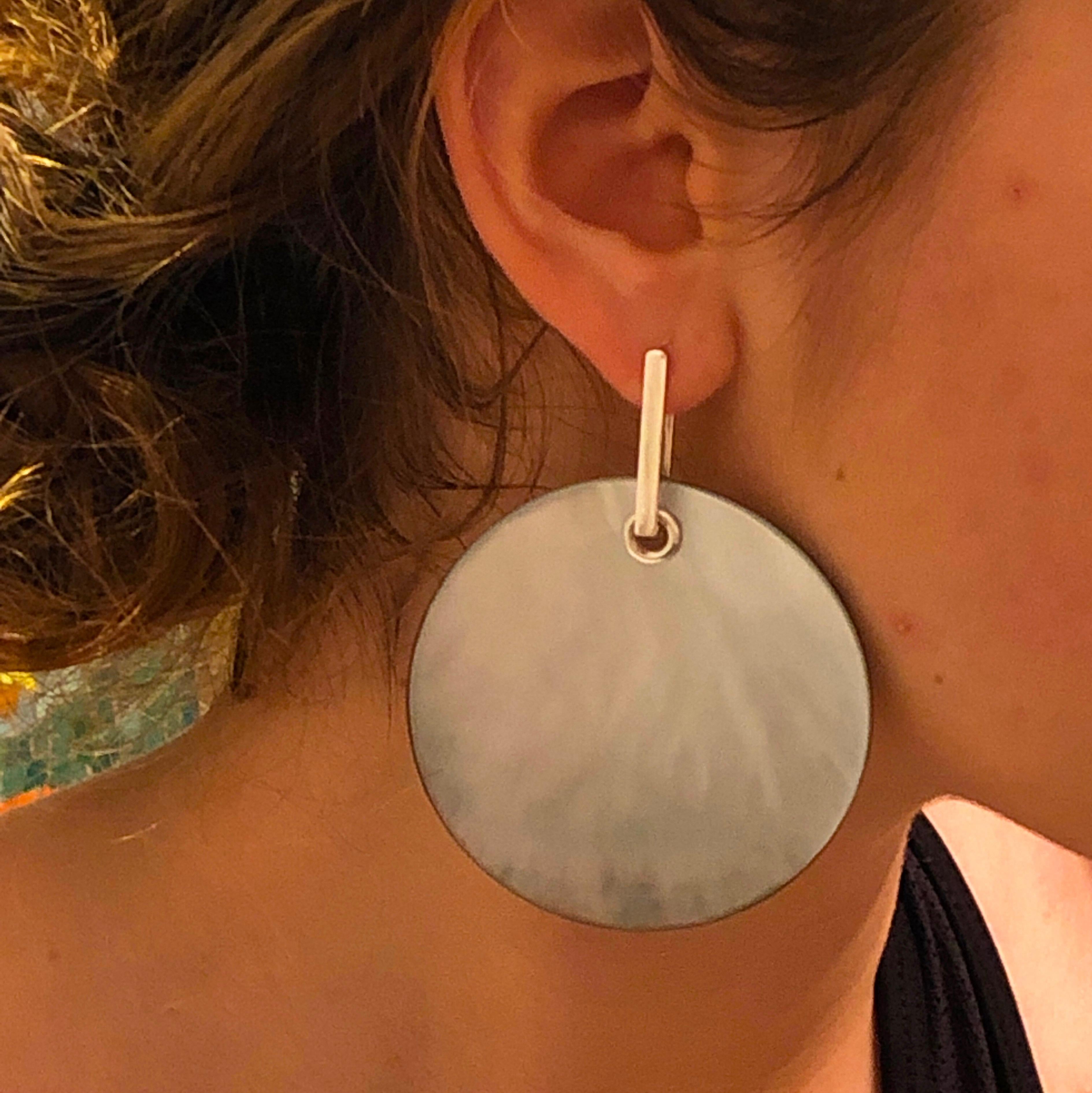 Women's Berca Grey Mother of Pearl Enameled Disk Sterling Silver Removable  Earrings For Sale