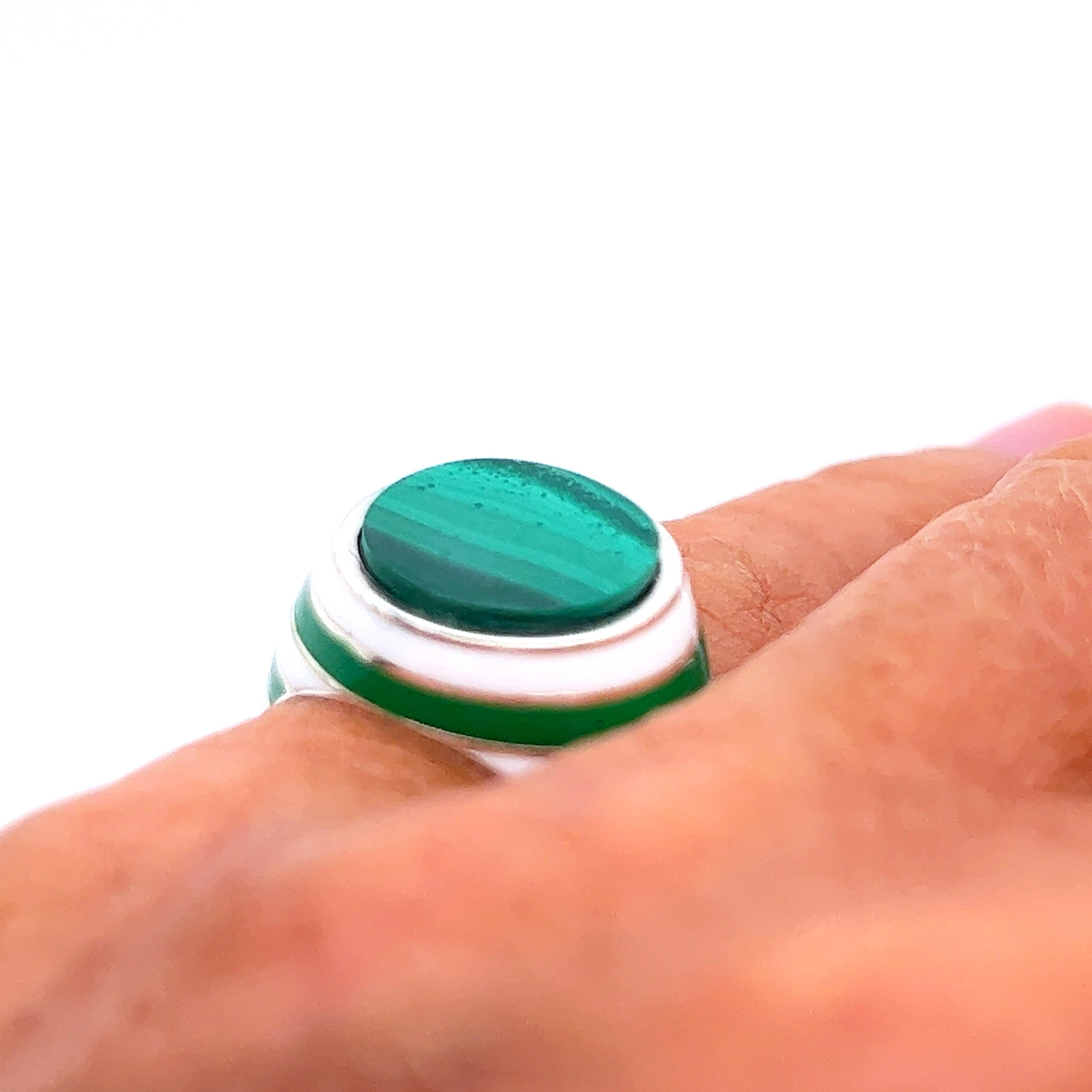 Contemporary Berca Round Malachite White Green Hand Enameled Sterling Silver Ring For Sale