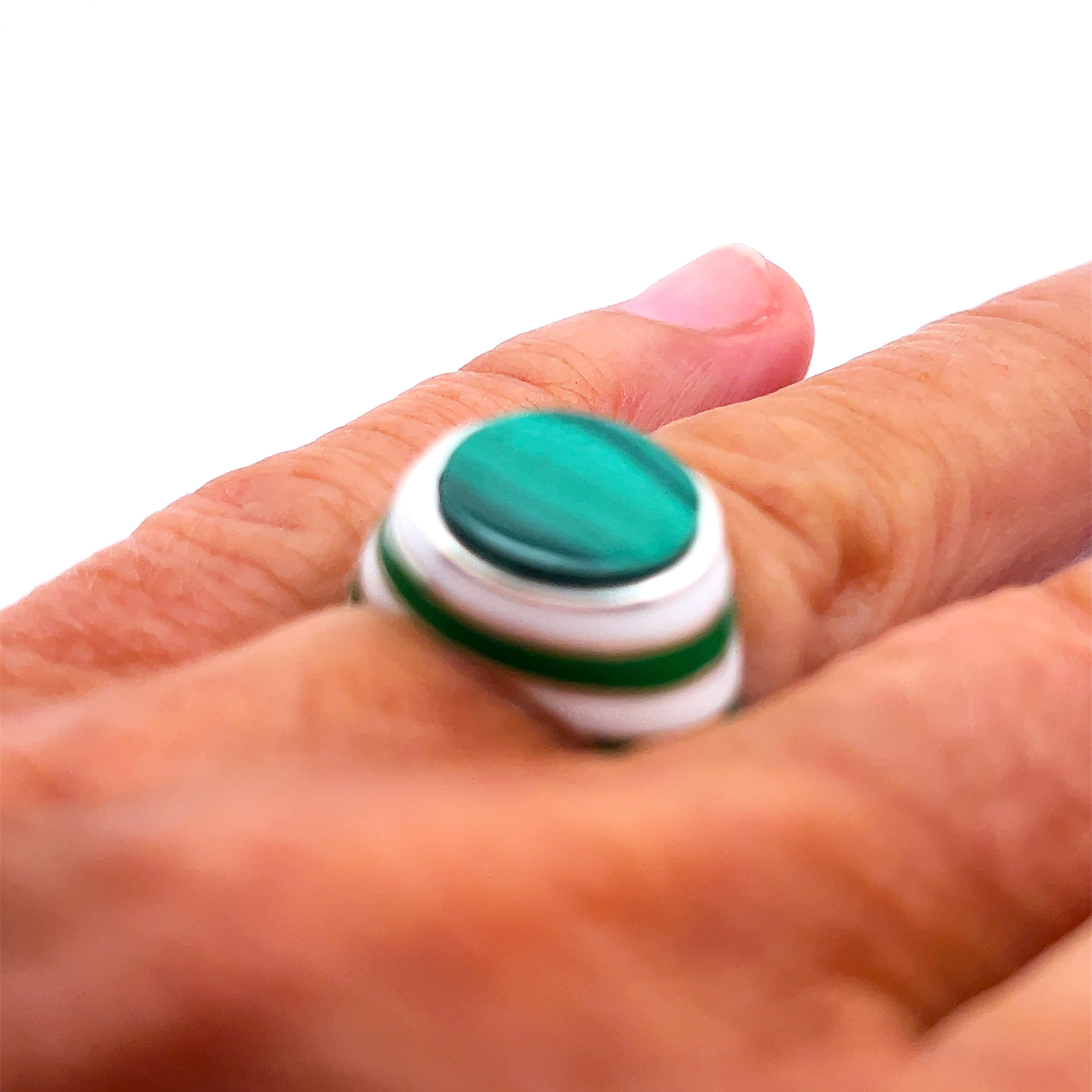 Round Cut Berca Round Malachite White Green Hand Enameled Sterling Silver Ring For Sale