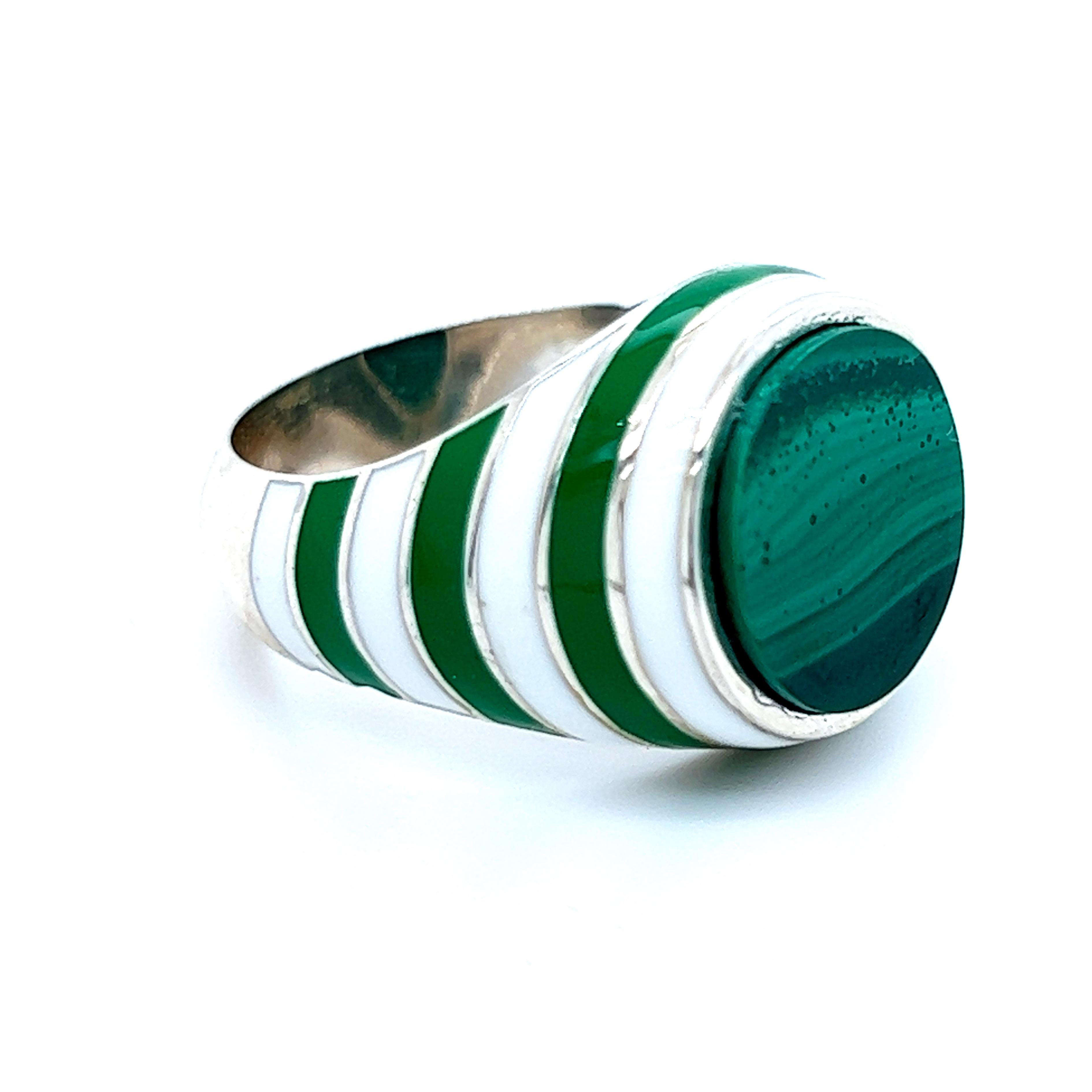 Berca Round Malachite White Green Hand Enameled Sterling Silver Ring In New Condition For Sale In Valenza, IT