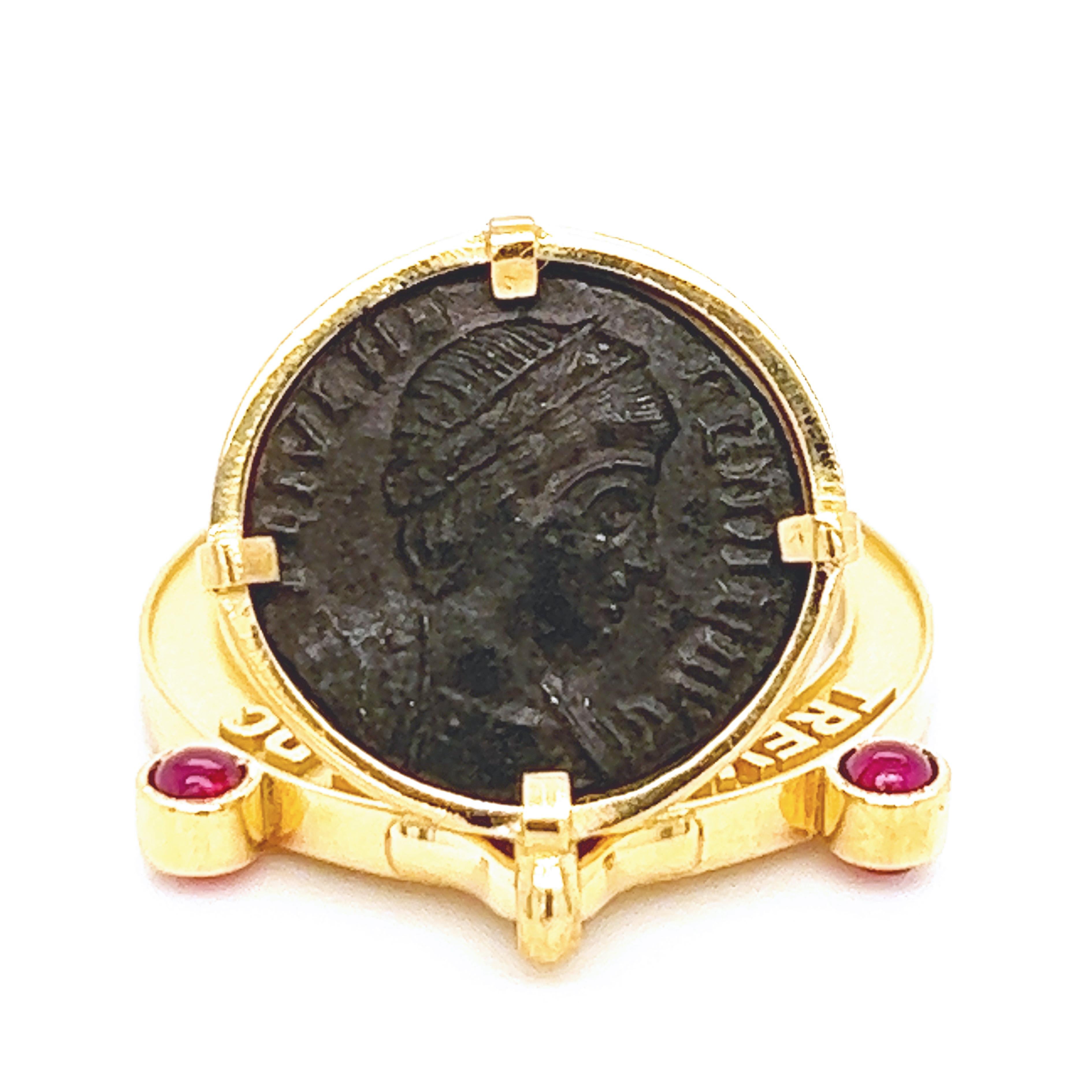 Contemporary Berca Moruzzi Certified Helena's Head 337 A.D. Coin Ruby 18kt Gold Charm Ring For Sale
