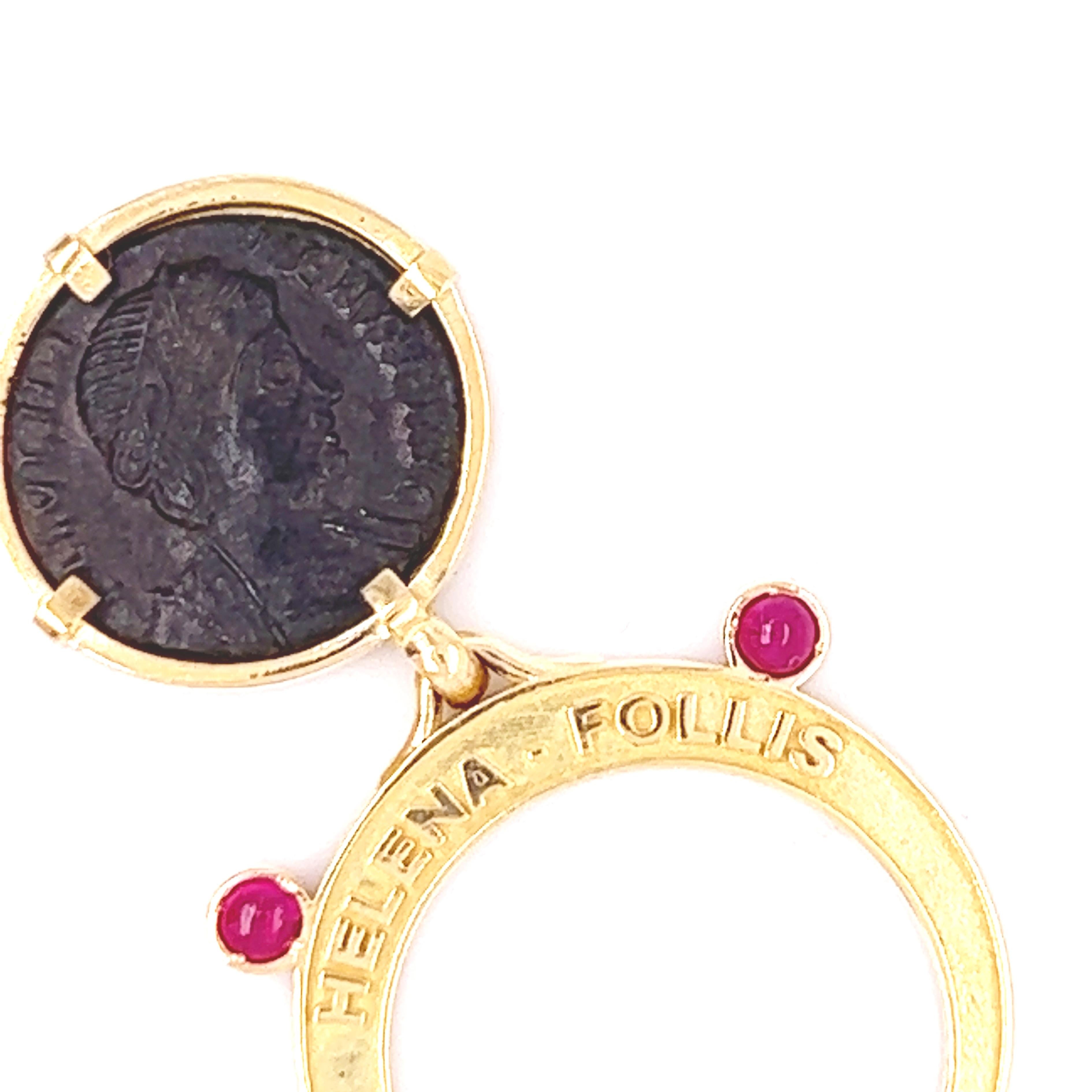 Round Cut Berca Moruzzi Certified Helena's Head 337 A.D. Coin Ruby 18kt Gold Charm Ring For Sale