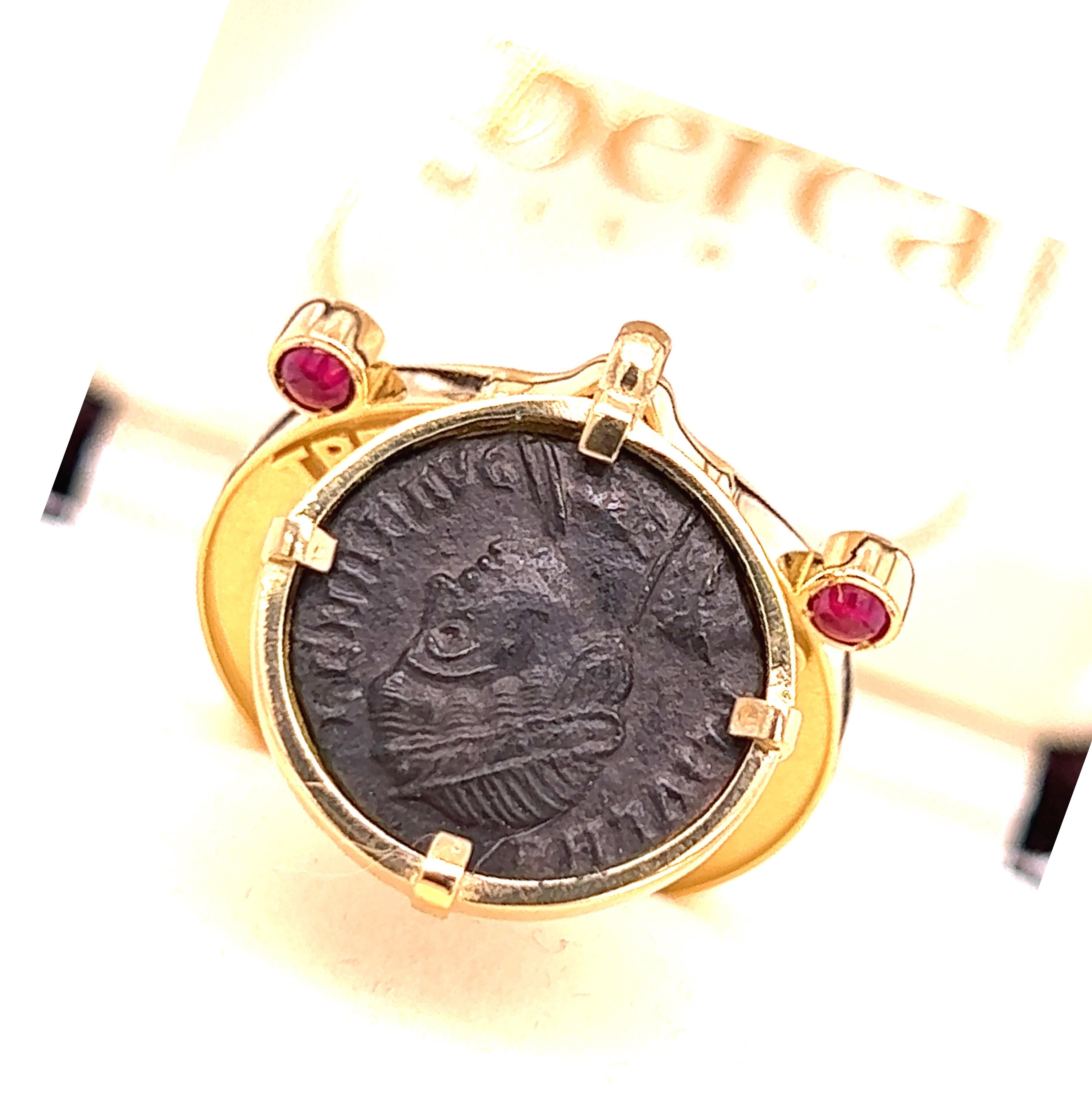 Berca Moruzzi Certified Helena's Head 337 A.D. Coin Ruby 18kt Gold Charm Ring For Sale 1