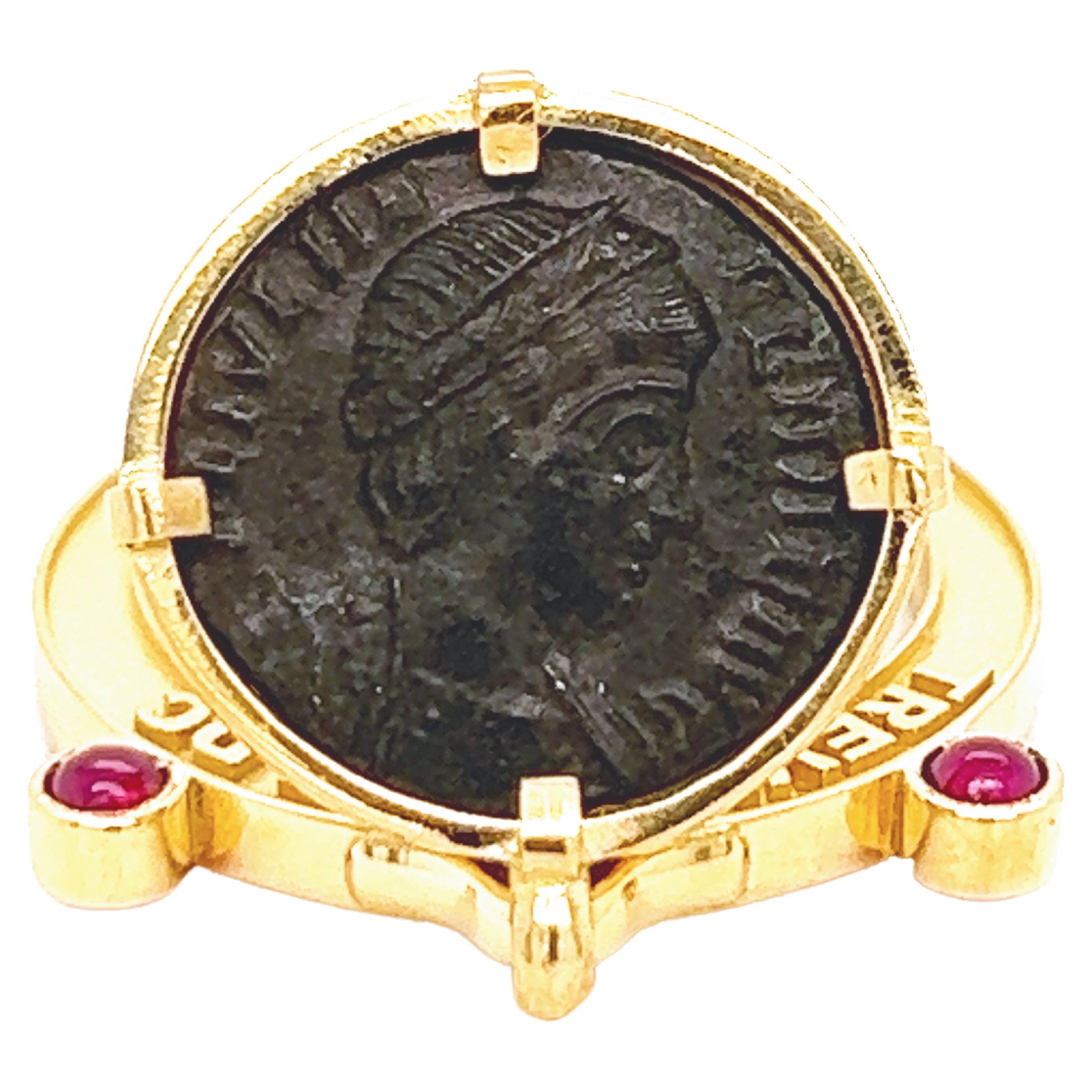 Berca Moruzzi Certified Helena's Head 337 A.D. Coin Ruby 18kt Gold Charm Ring For Sale