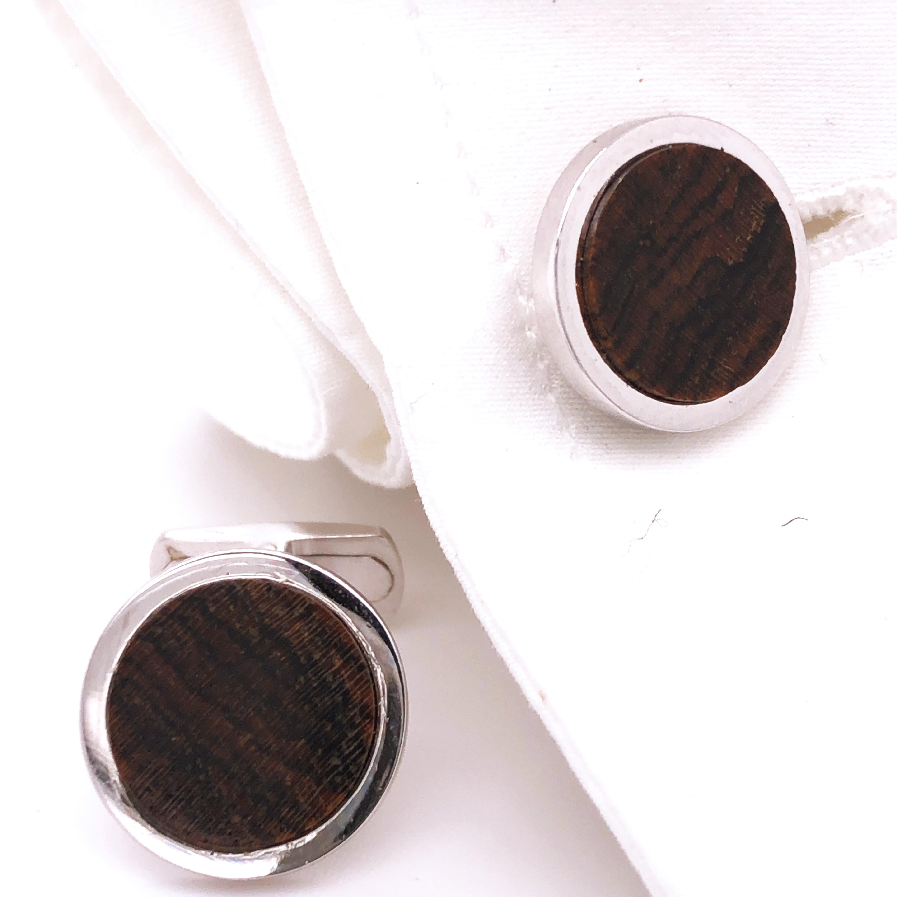 Men's Berca Natural Acacia Wood Disk Round Shaped Sterling Silver Cufflinks For Sale