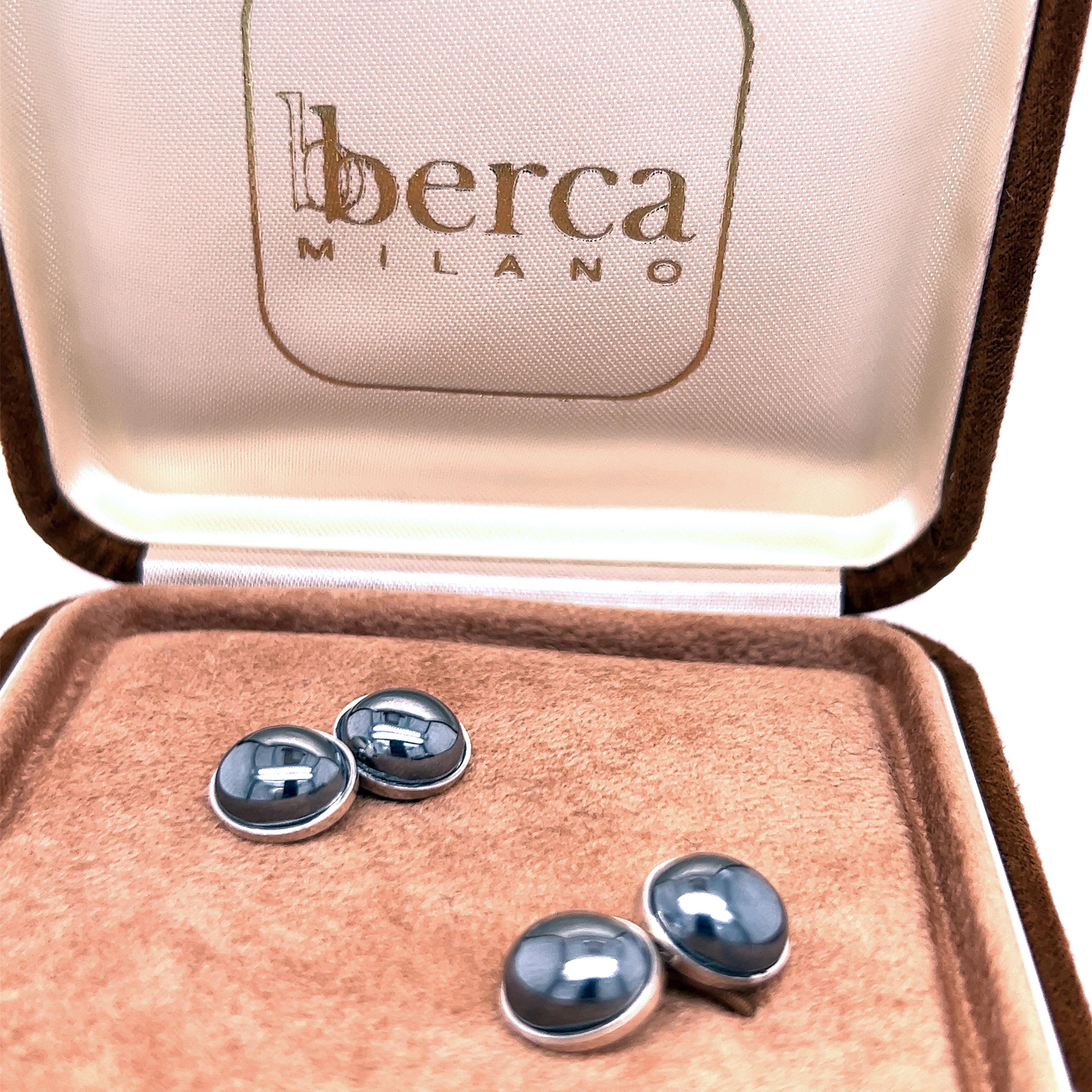 Oval Cut Berca Natural Hematite Cabochon Oval Shaped Sterling Silver Cufflinks For Sale
