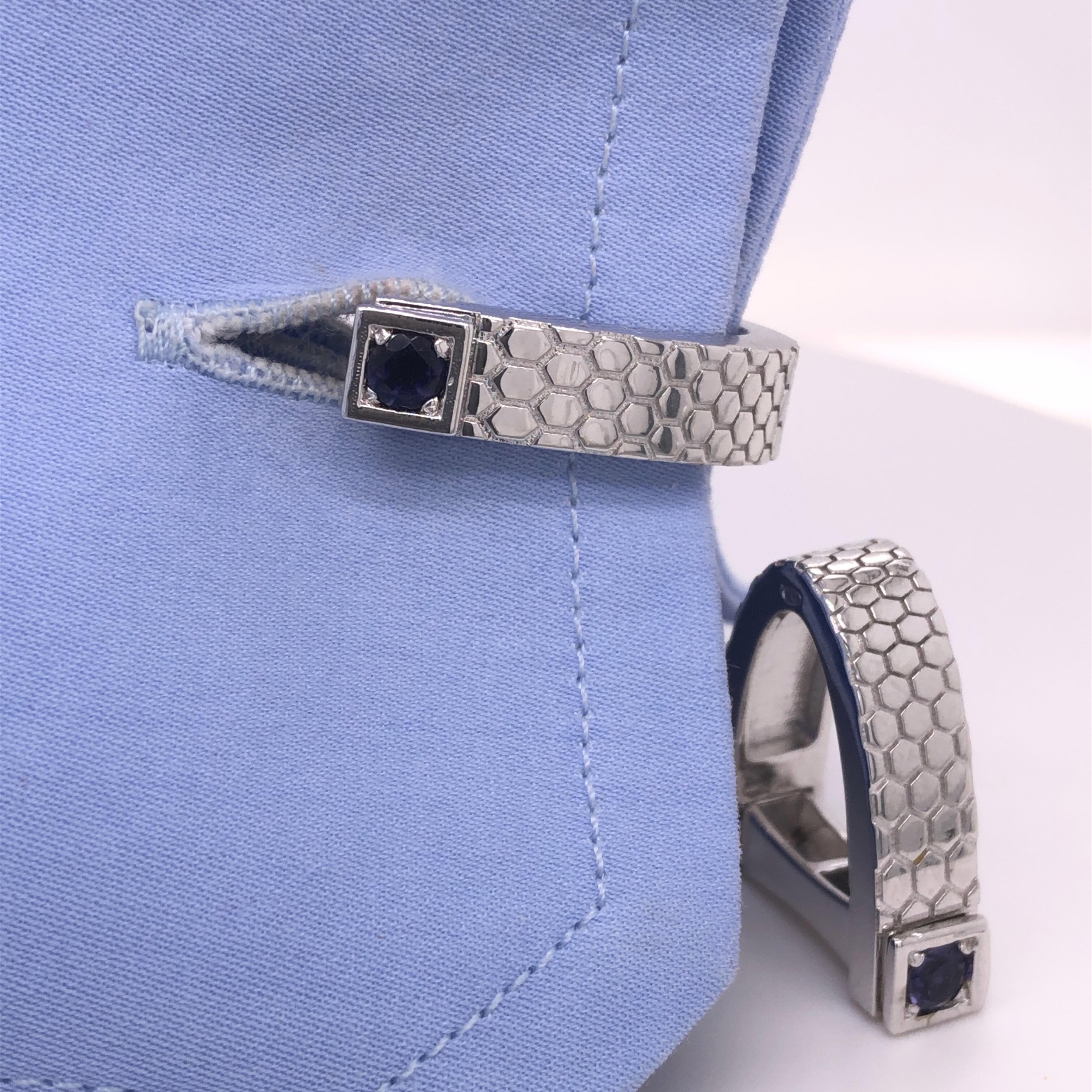 Contemporary Berca Natural Iolite Guilloché Sterling Silver Stirrup Shaped Cufflinks For Sale