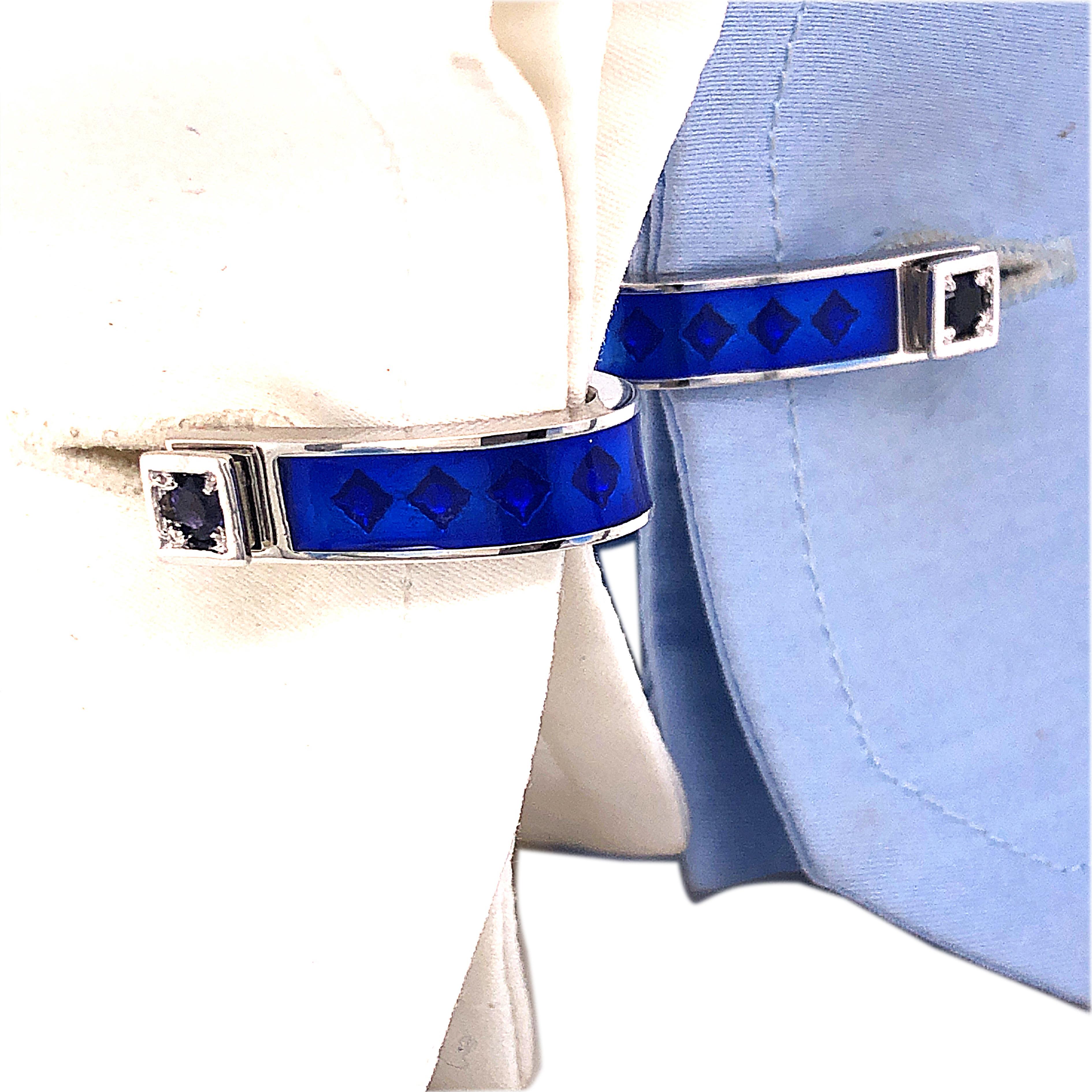 Berca Natural Iolite Navy Blue Hand Enameled Stirrup Sterling Silver Cufflinks For Sale 4
