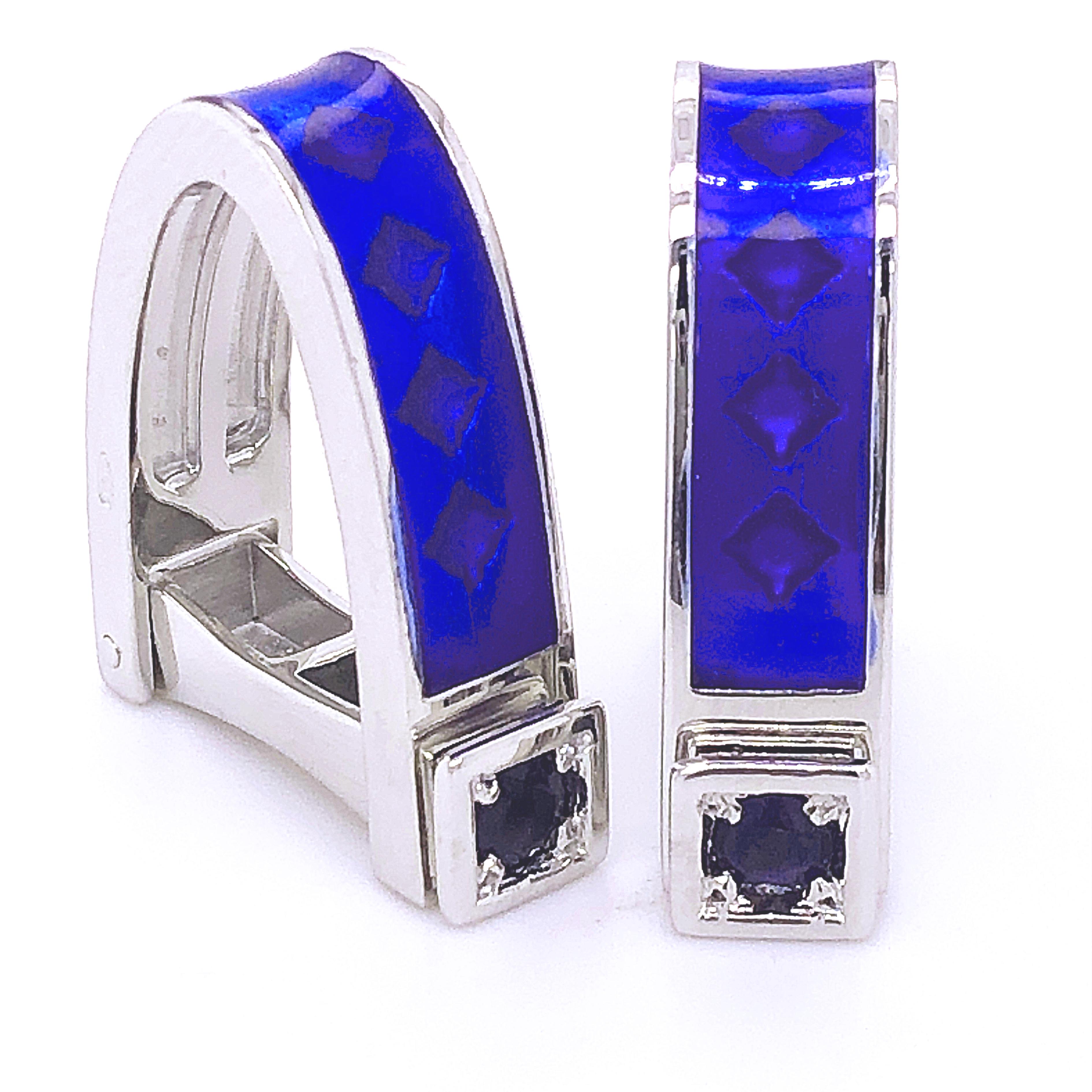 Chic, Unique yet Timeless Natural 0.30Kt Brilliant Iolite Navy Blue Hand Enameled Stirrup Shaped Sterling Silver Cufflinks.
In our Smart Black Box and Pouch.