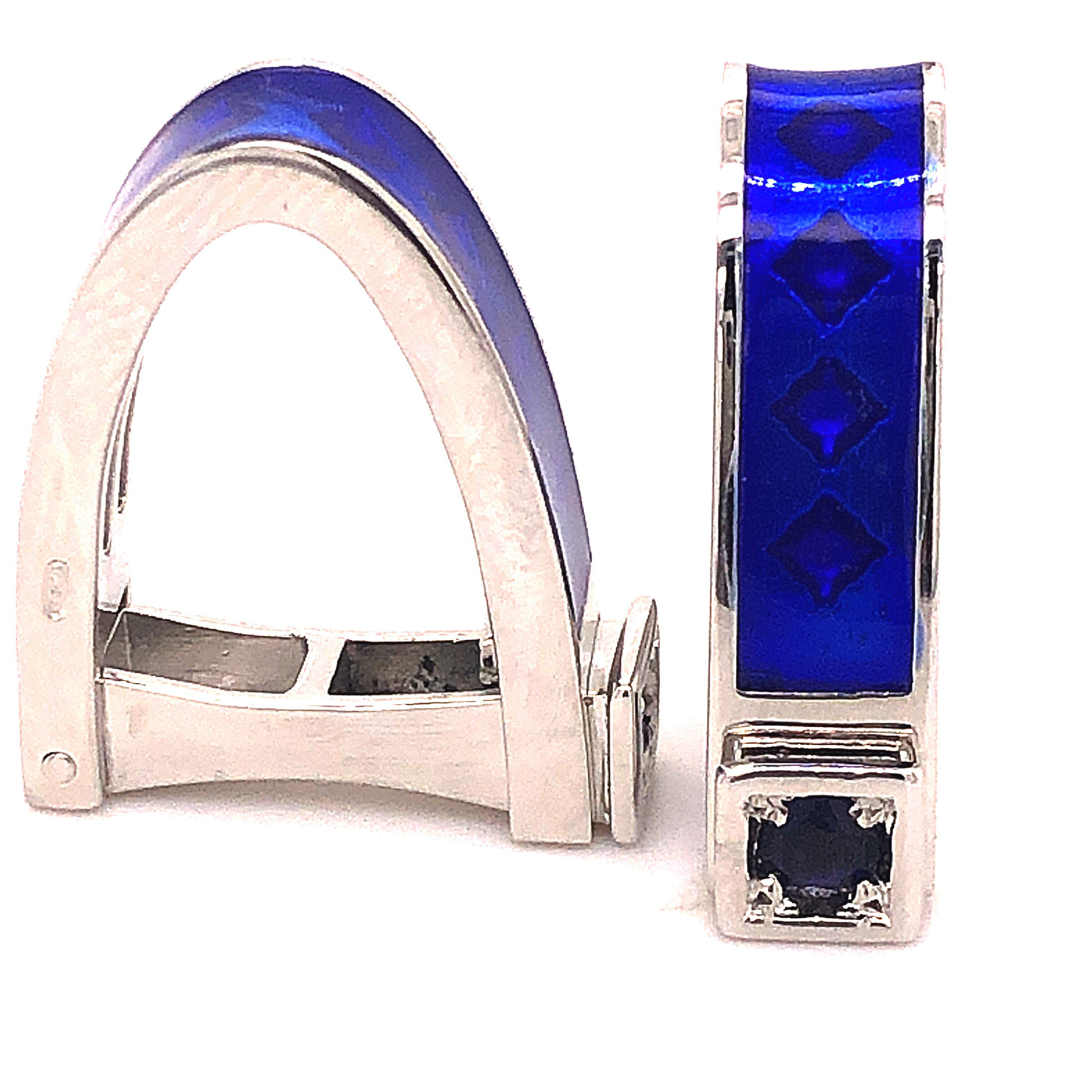 Brilliant Cut Berca Natural Iolite Navy Blue Hand Enameled Stirrup Sterling Silver Cufflinks For Sale