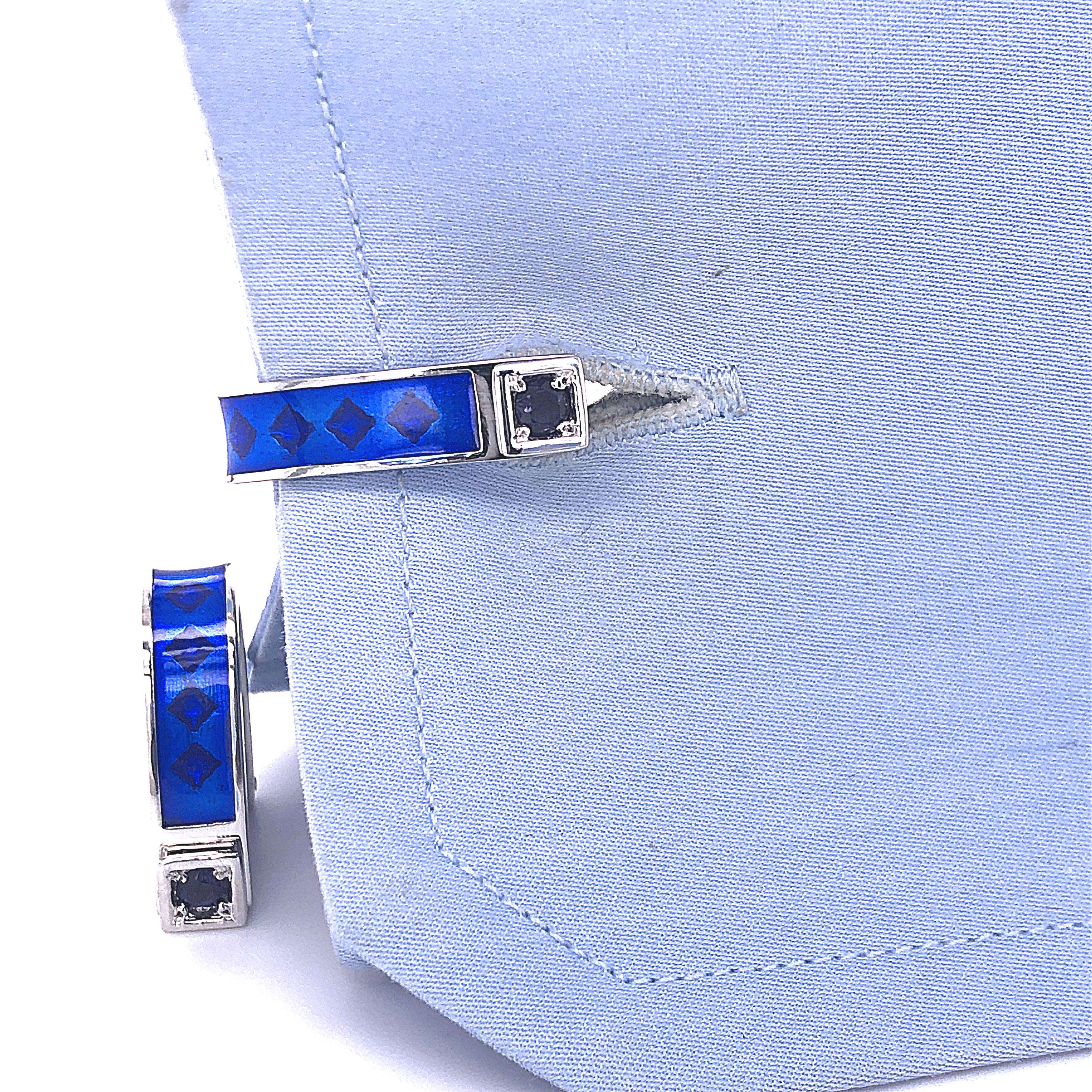Berca Natural Iolite Navy Blue Hand Enameled Stirrup Sterling Silver Cufflinks In New Condition For Sale In Valenza, IT