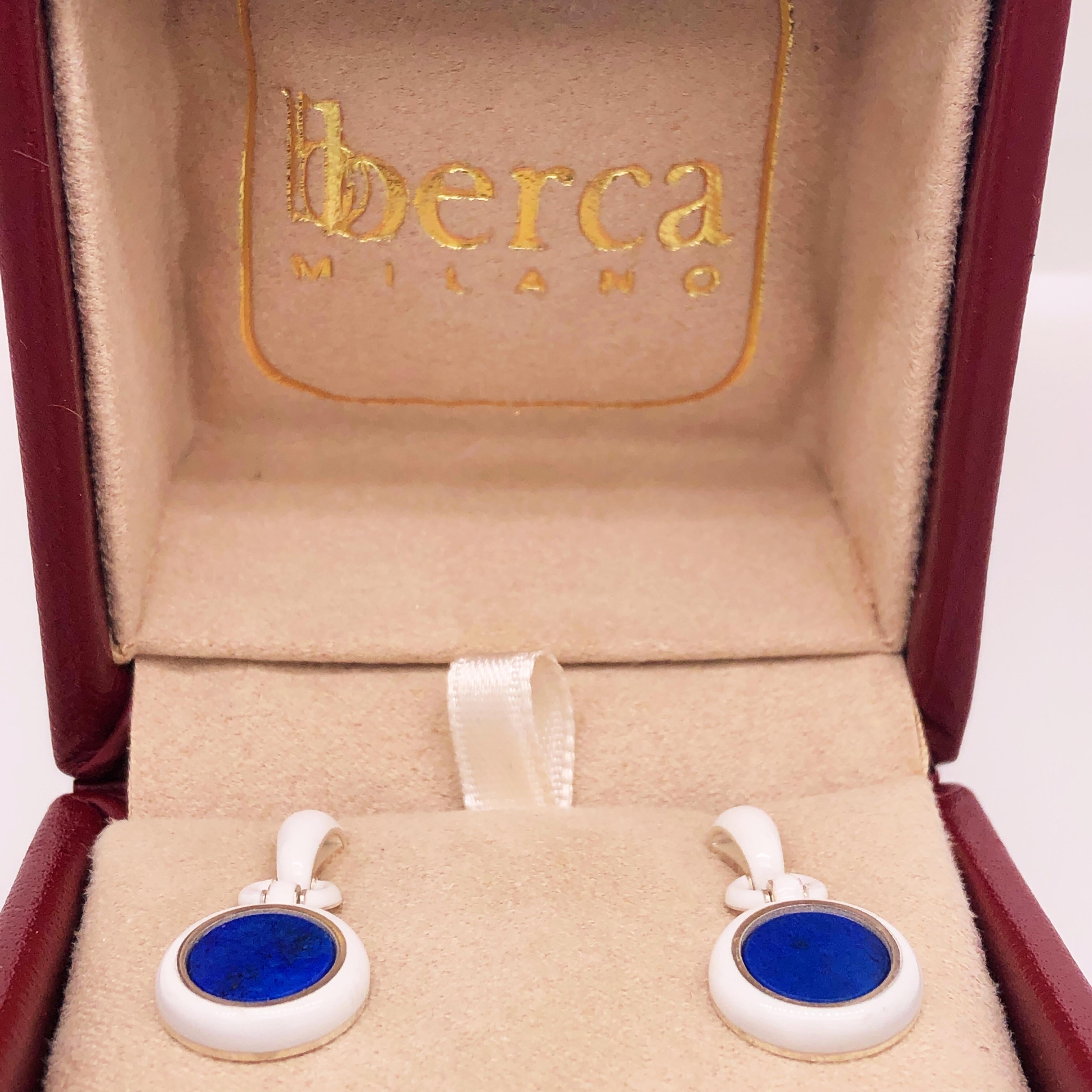 Berca Natural Lapis Disk White Hand Enameled Sterling Silver Dangle Earrings For Sale 5