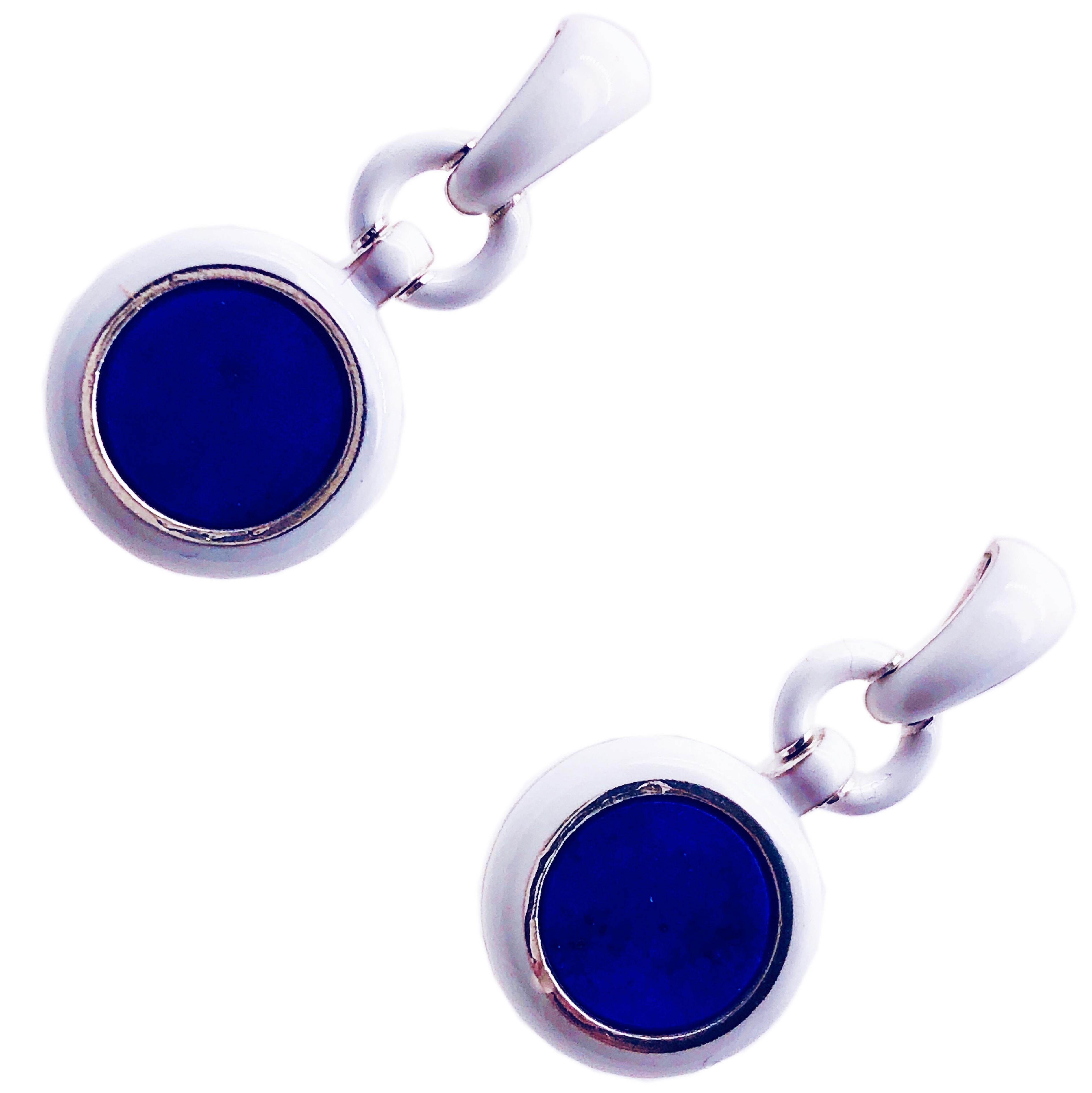 Contemporary Berca Natural Lapis Disk White Hand Enameled Sterling Silver Dangle Earrings For Sale