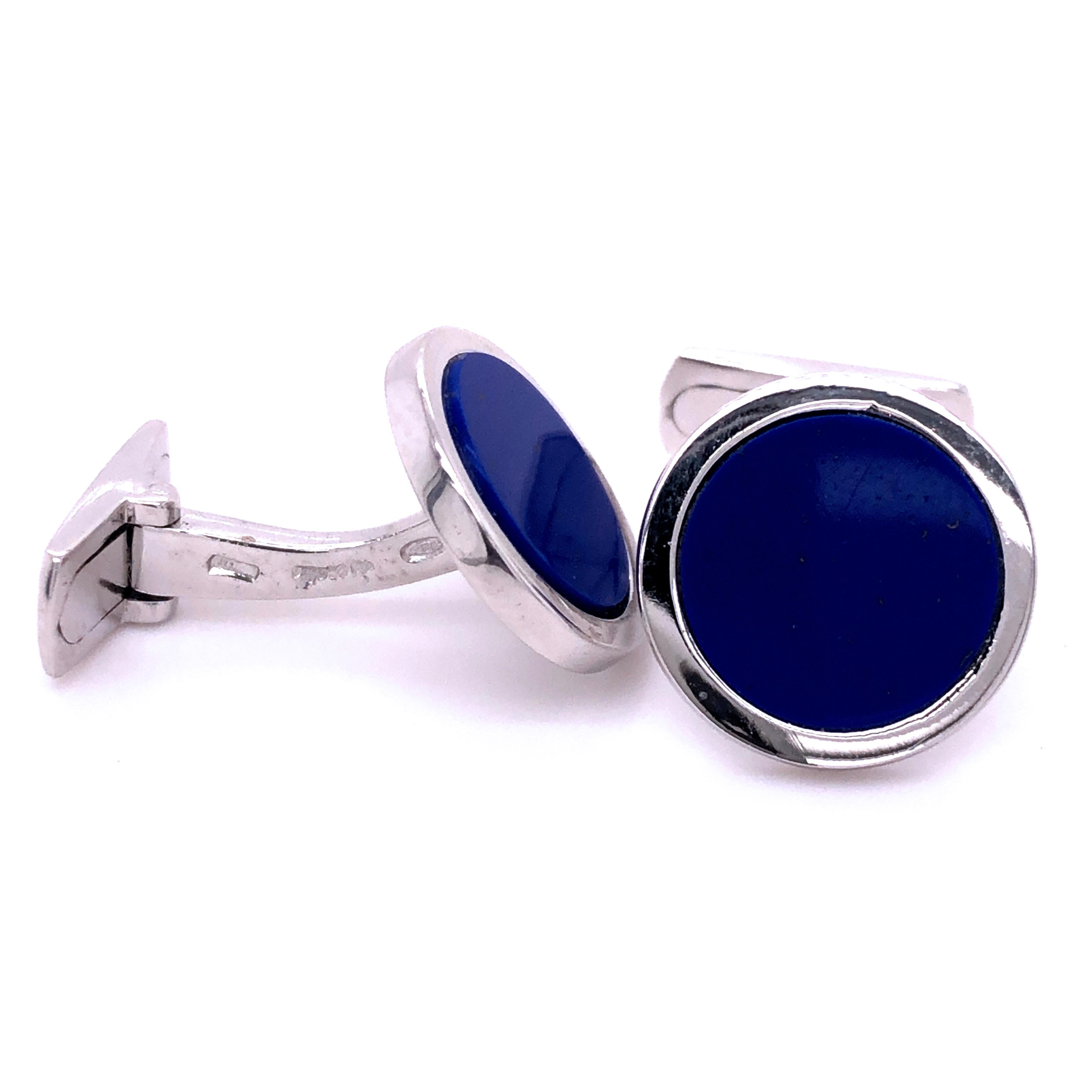 Chic and Timeless, Natural Hand Inlaid Lapis Lazuli Disk Round Shaped Sterling Silver Cufflinks, T-bar back.
In our smart fitted Black Box and Pouch.

