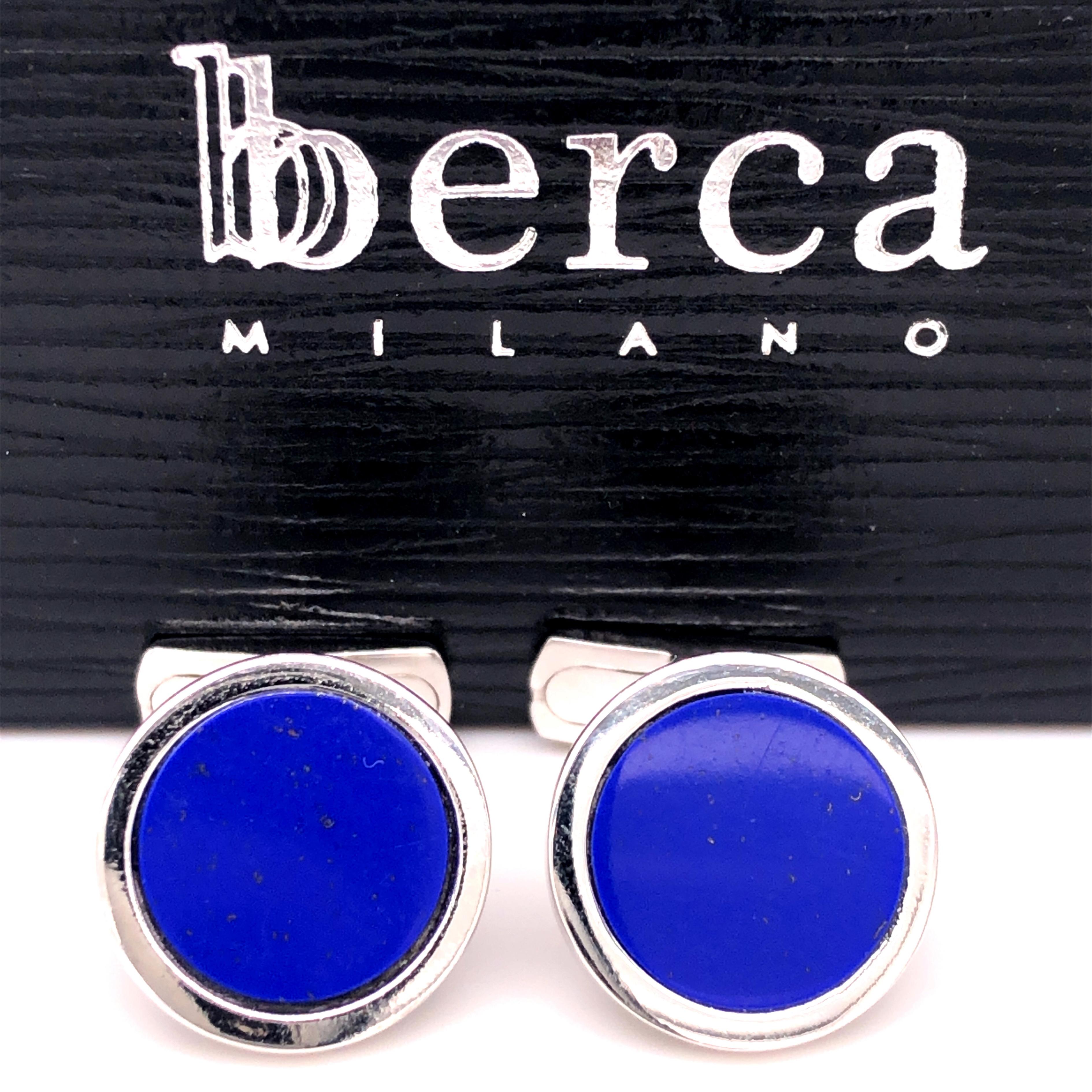 Contemporary Natural Lapis Lazuli Disk Round Shaped Sterling Silver Cufflinks For Sale
