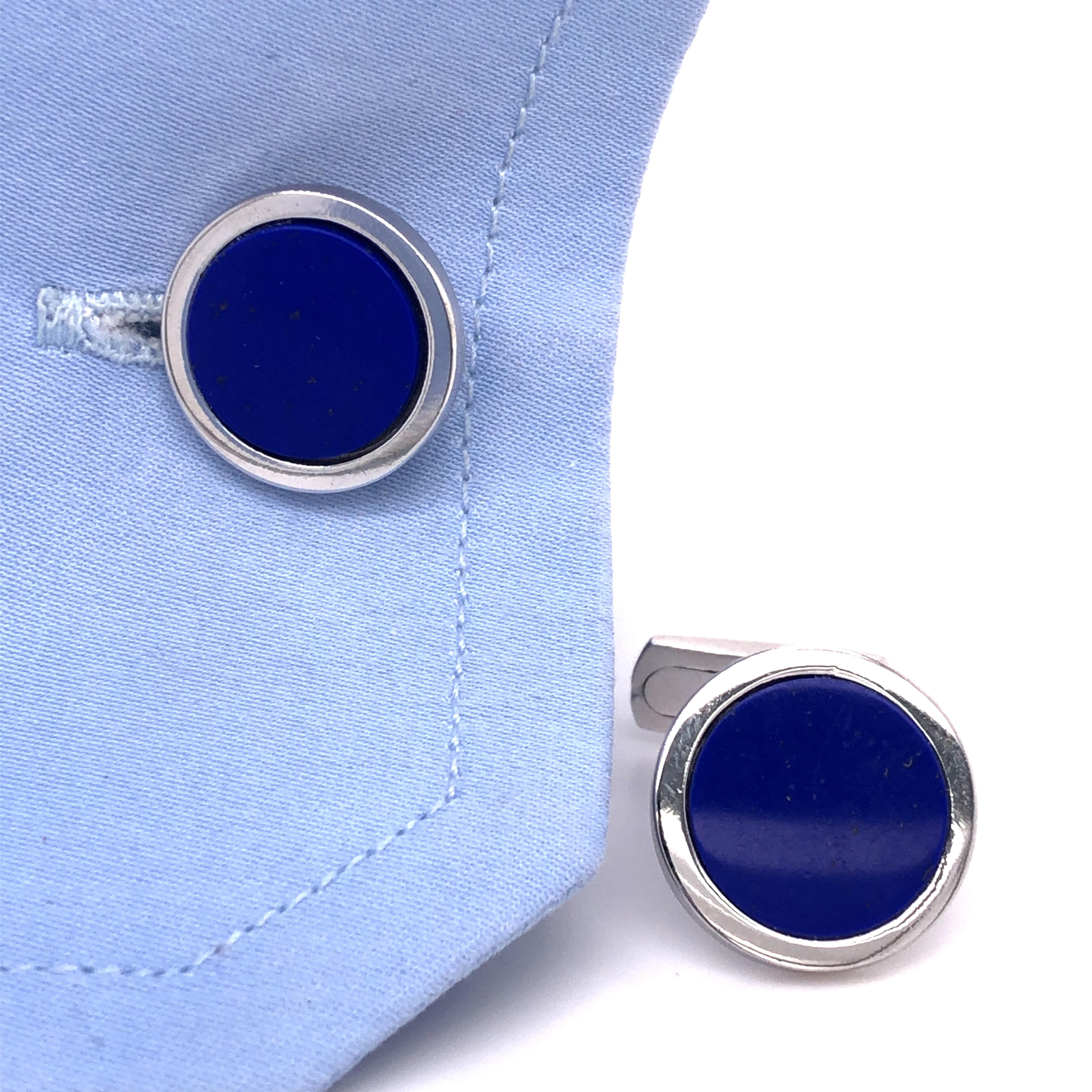 Men's Natural Lapis Lazuli Disk Round Shaped Sterling Silver Cufflinks For Sale