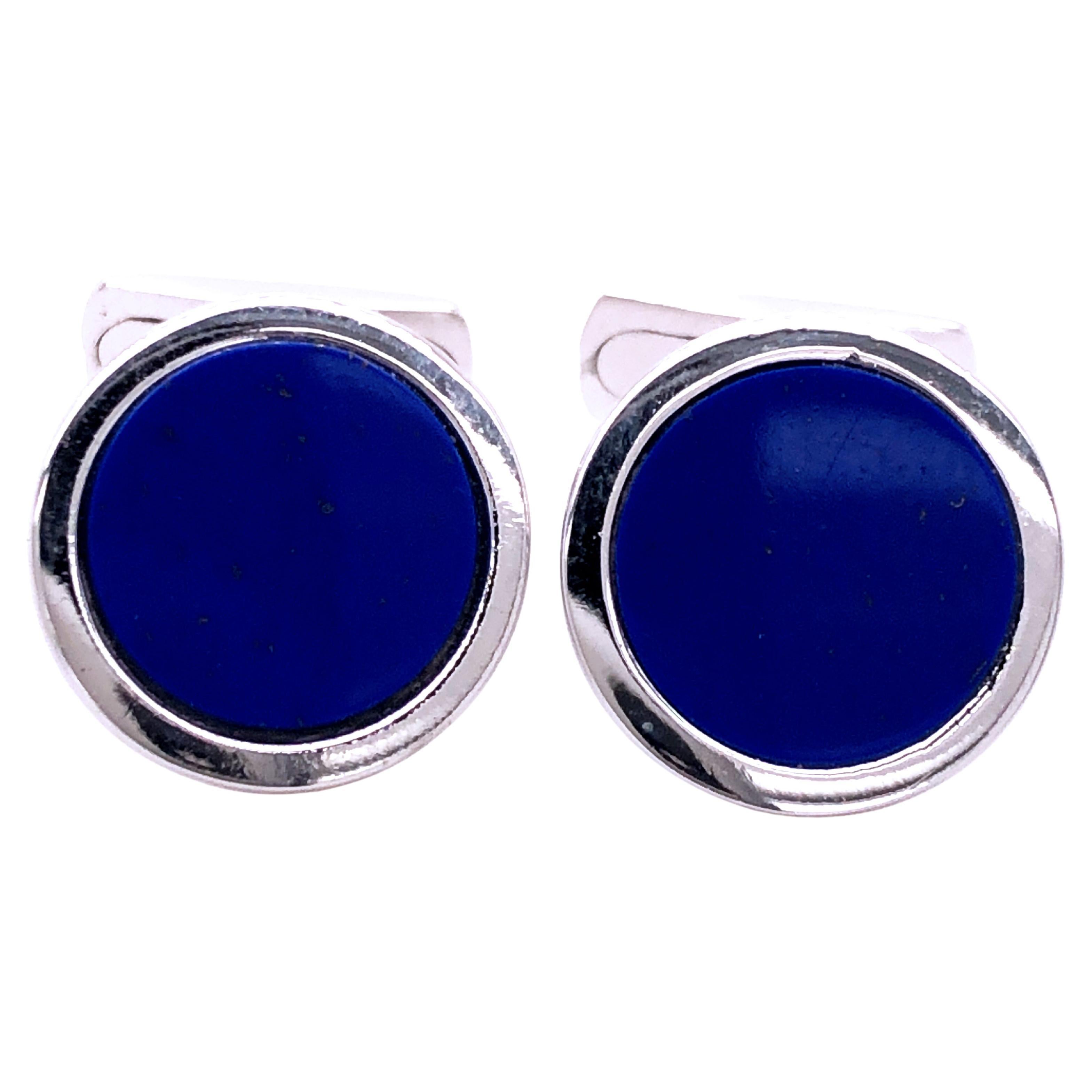 Natural Lapis Lazuli Disk Round Shaped Sterling Silver Cufflinks For Sale