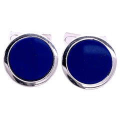 Natural Lapis Lazuli Disk Round Shaped Sterling Silver Cufflinks