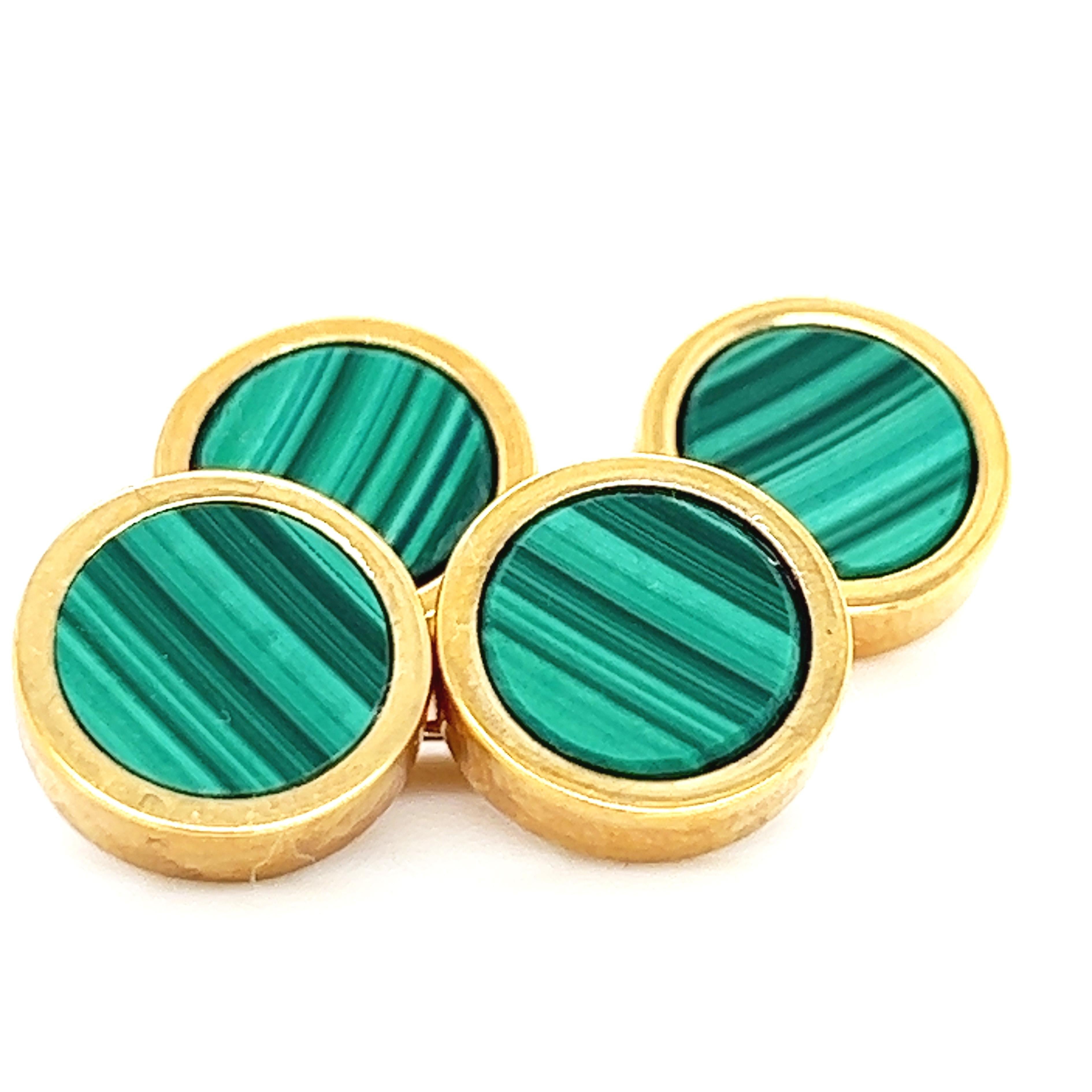 Chic and Timeless, Natural Hand Inlaid Natural Malachite Disk Round Shaped Sterling Silver Cufflinks.
In our smart fitted Tobacco Suede Leather Case and Pouch.

