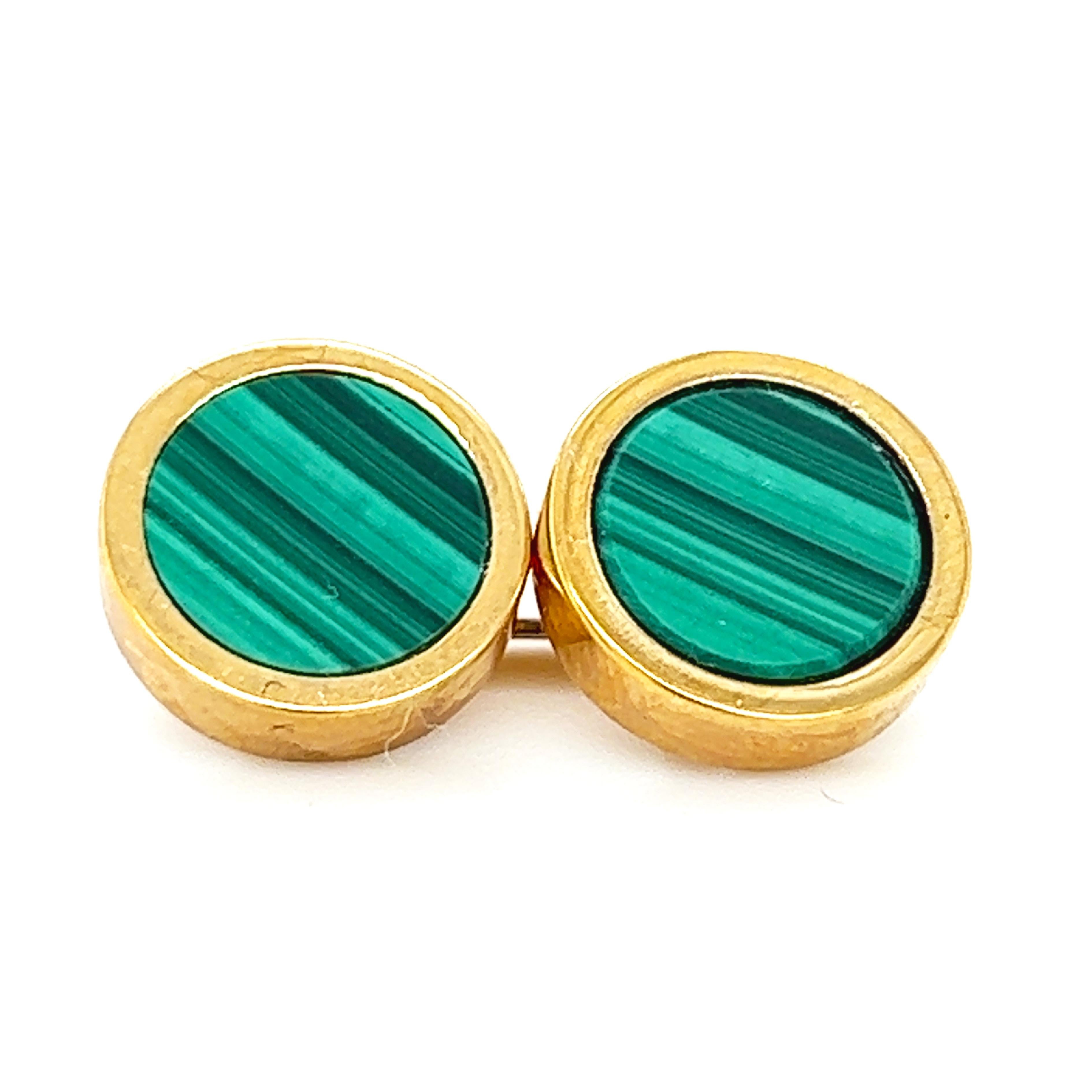 Contemporary Natural Malachite Disk Round Shaped Sterling Silver Gold Plated Cufflinks For Sale