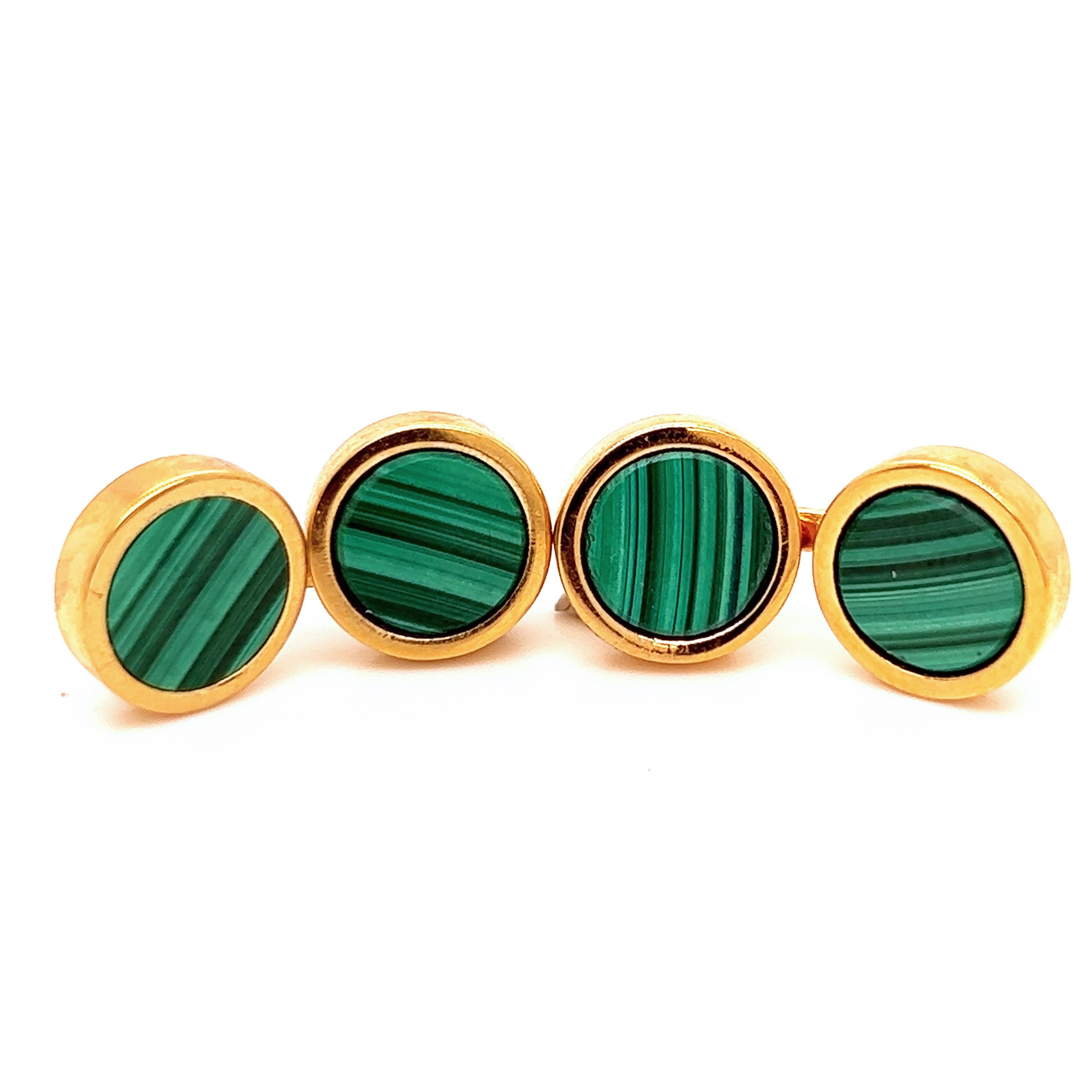 Round Cut Natural Malachite Disk Round Shaped Sterling Silver Gold Plated Cufflinks For Sale