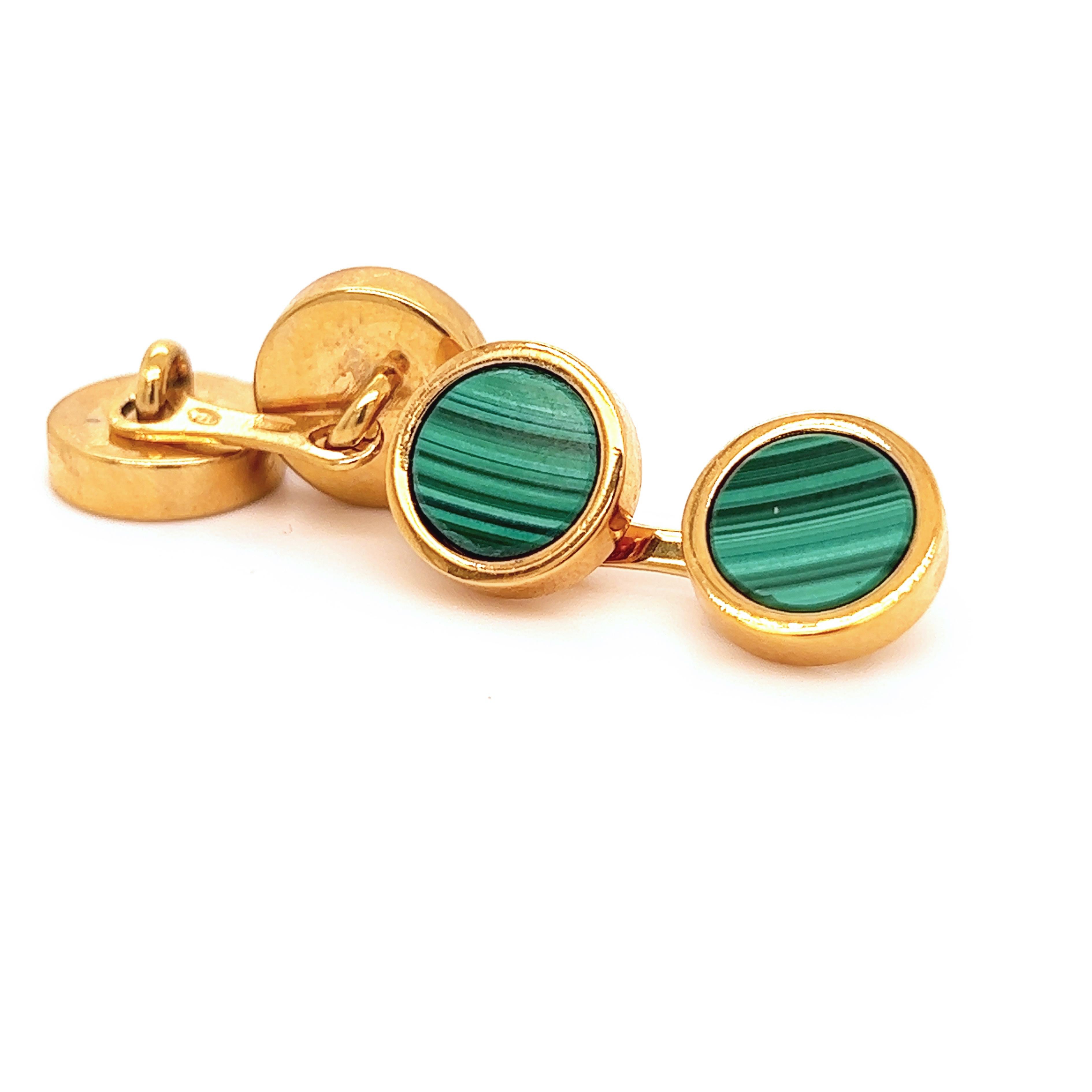 Natural Malachite Disk Round Shaped Sterling Silver Gold Plated Cufflinks In New Condition For Sale In Valenza, IT