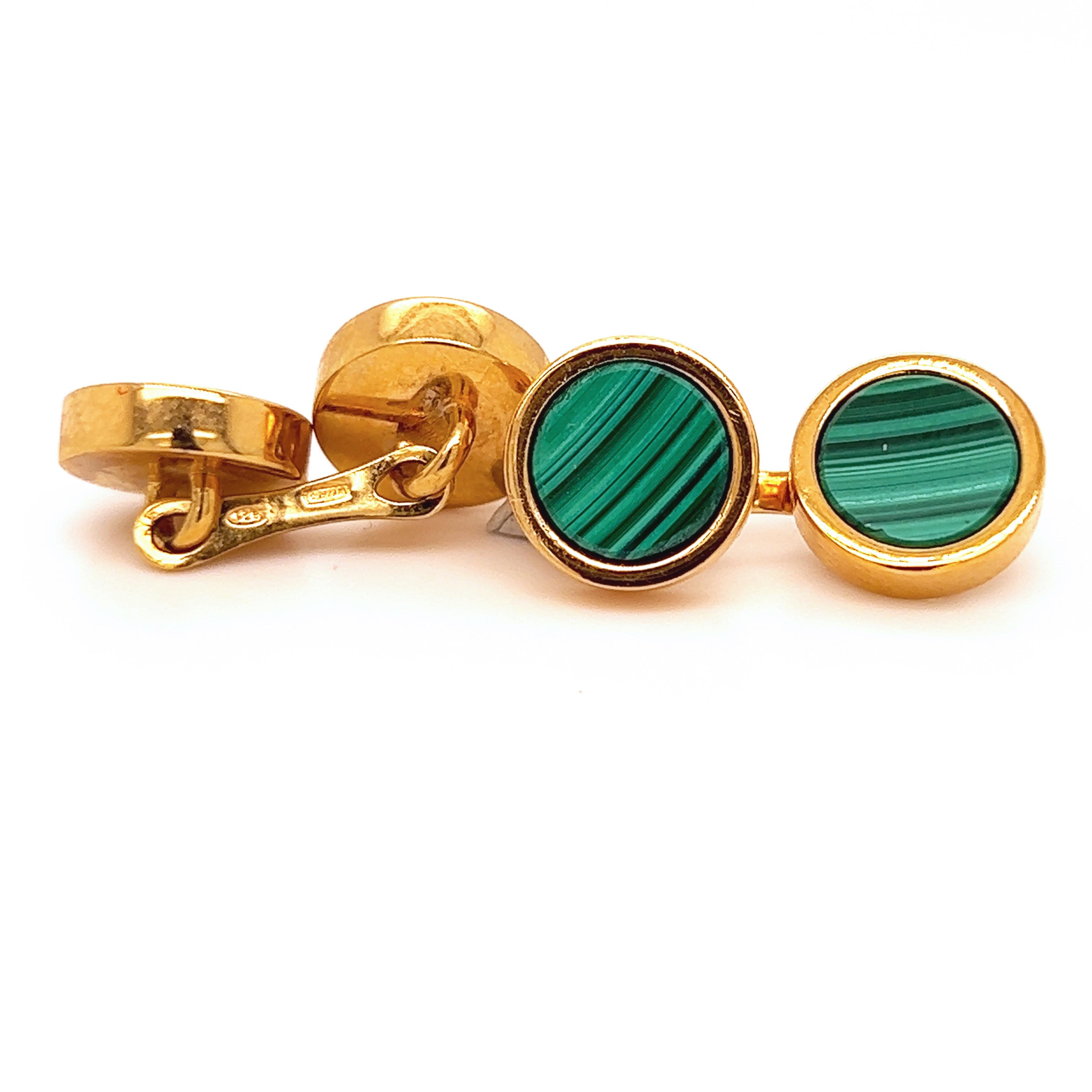 Men's Natural Malachite Disk Round Shaped Sterling Silver Gold Plated Cufflinks For Sale