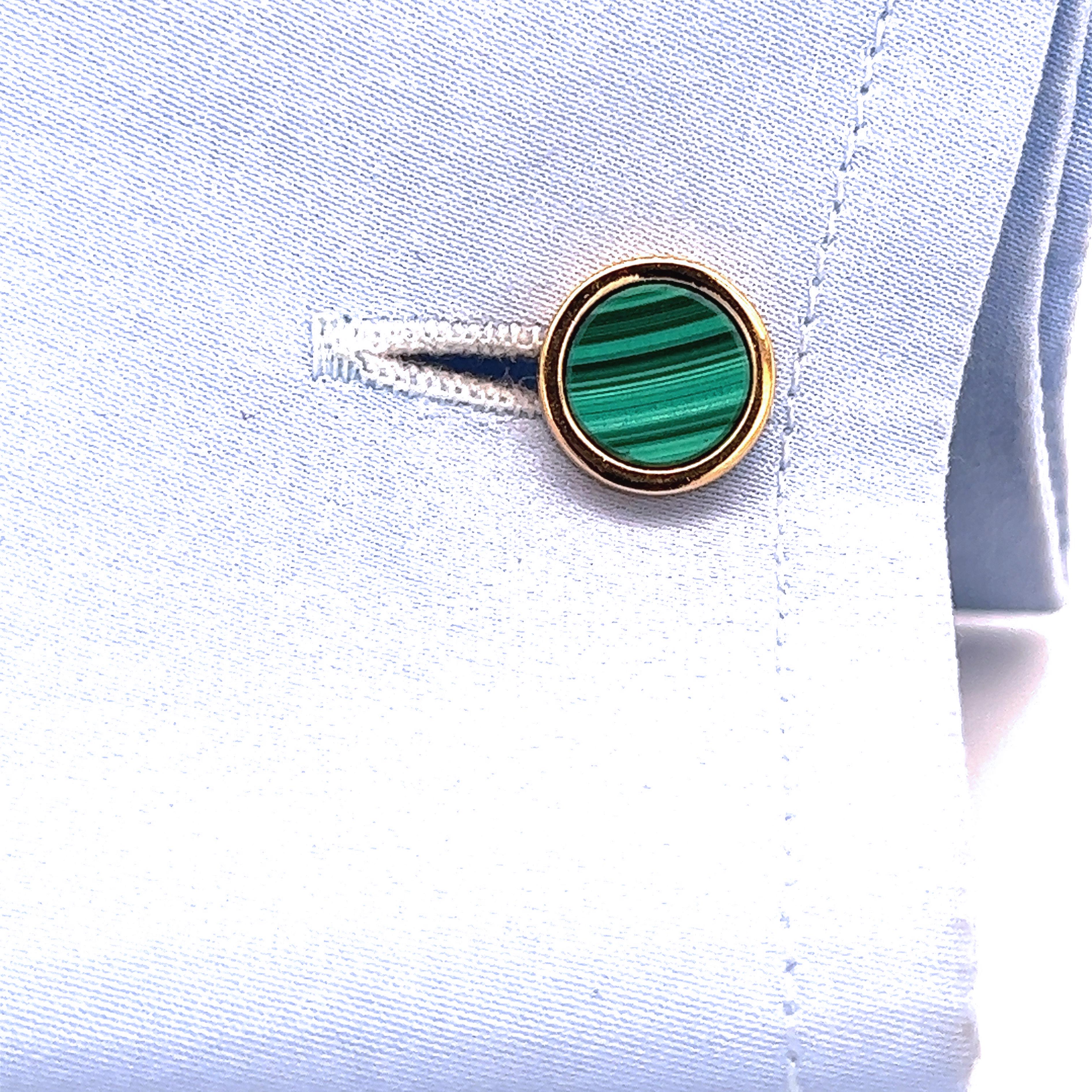 Natural Malachite Disk Round Shaped Sterling Silver Gold Plated Cufflinks For Sale 1