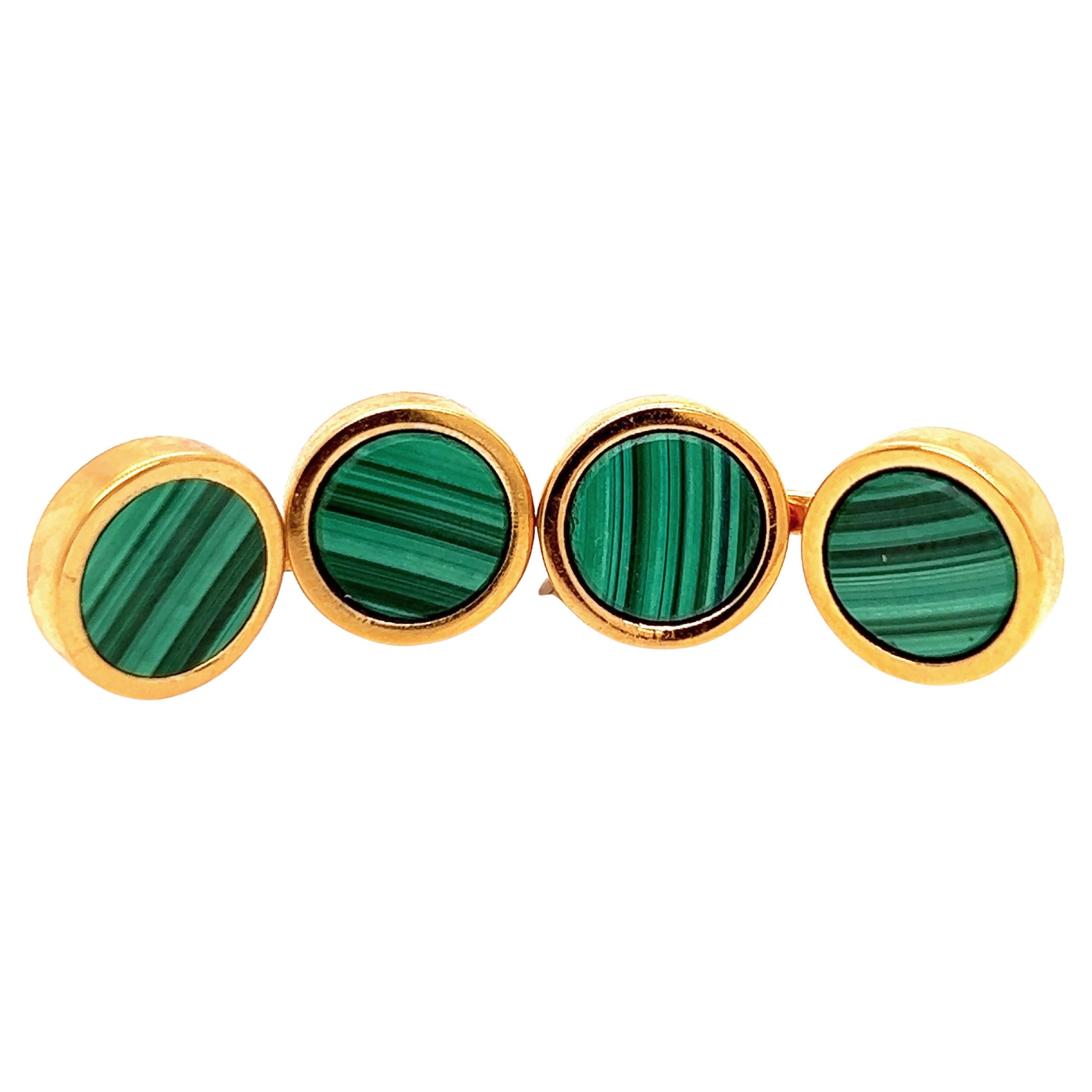 Natural Malachite Disk Round Shaped Sterling Silver Gold Plated Cufflinks For Sale
