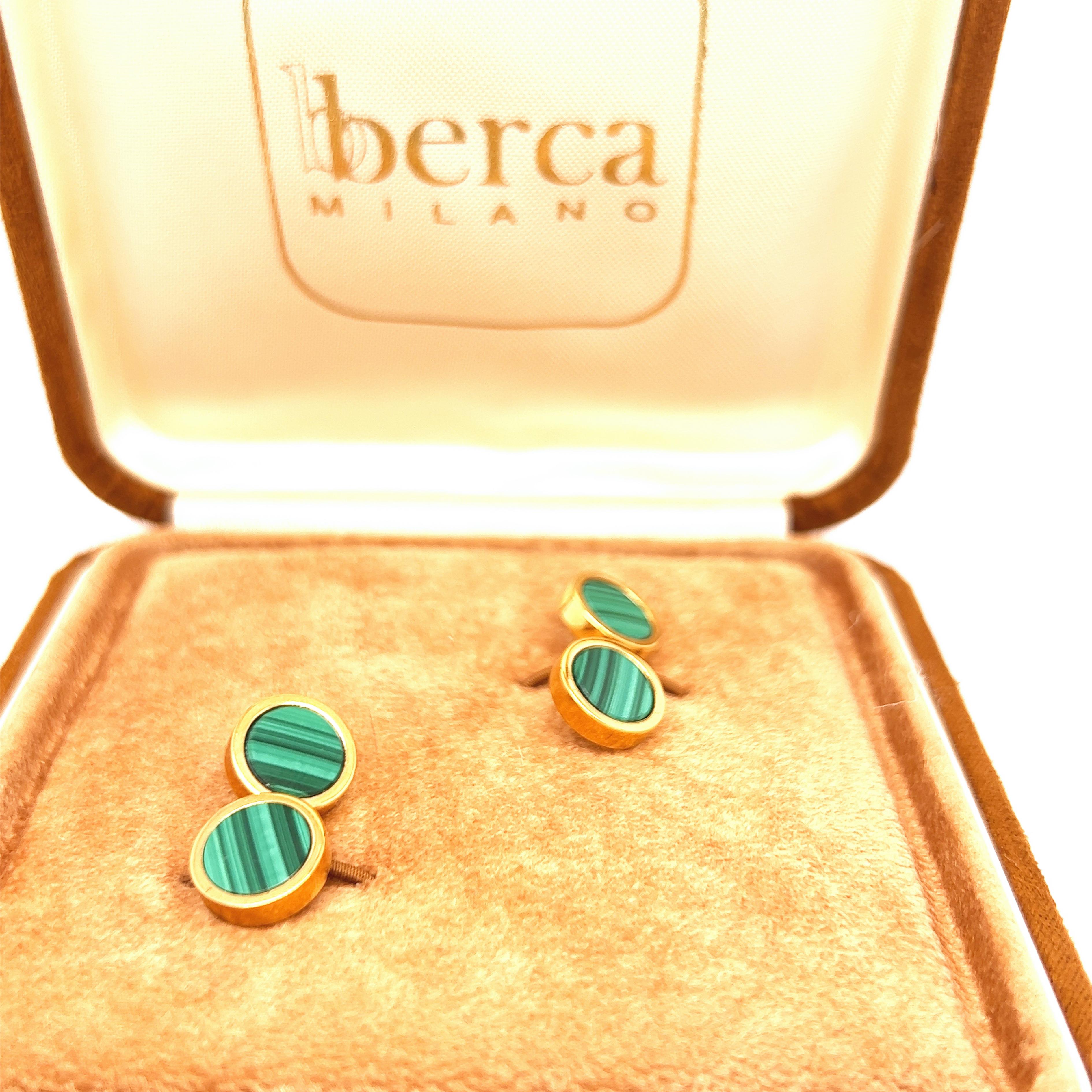 Berca Natural Malachite Disk Round Shaped  Yellow Gold Cufflinks For Sale 2