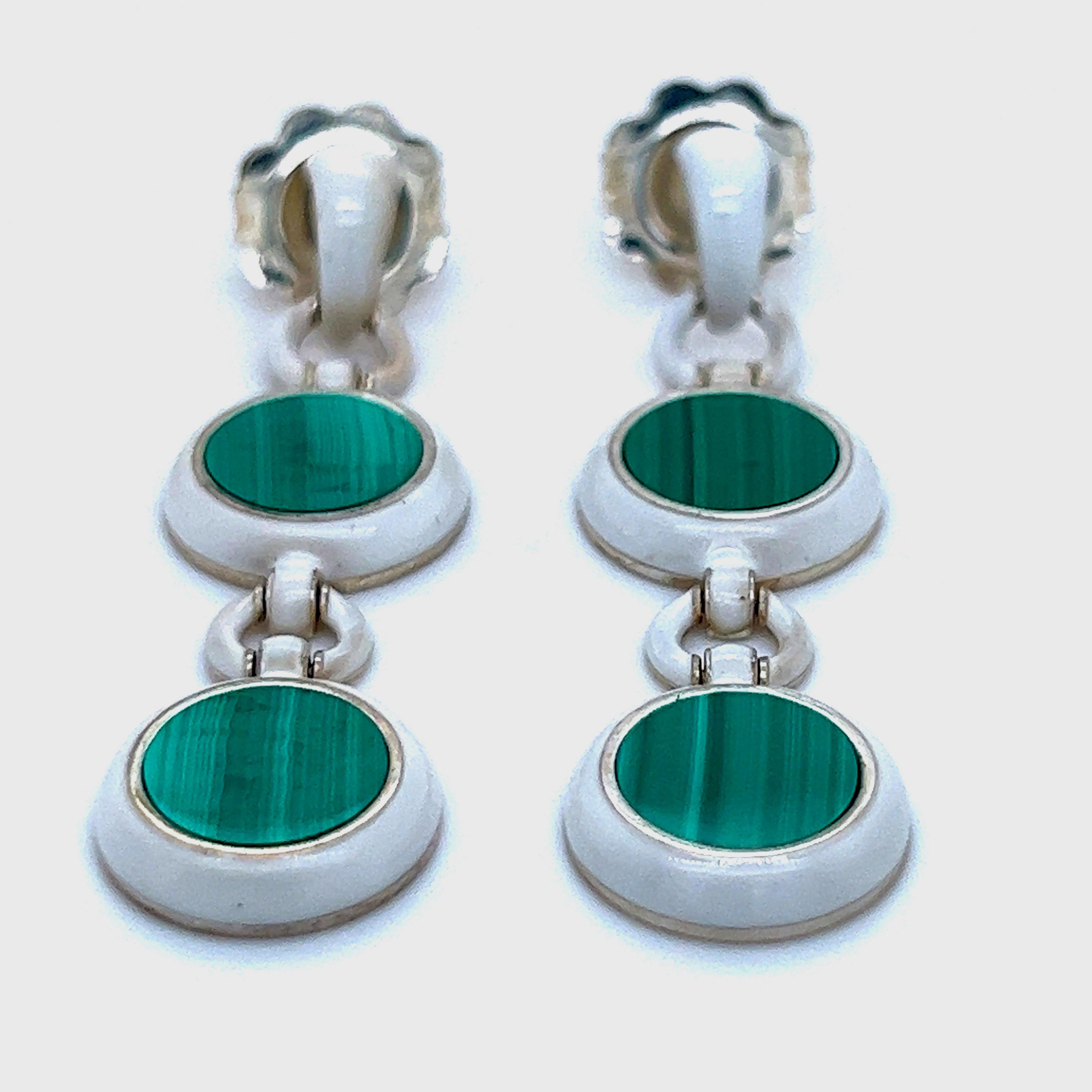 Contemporary Berca Natural Malachite Disk White Hand Enameled Sterling Silver Dangle Earrings For Sale