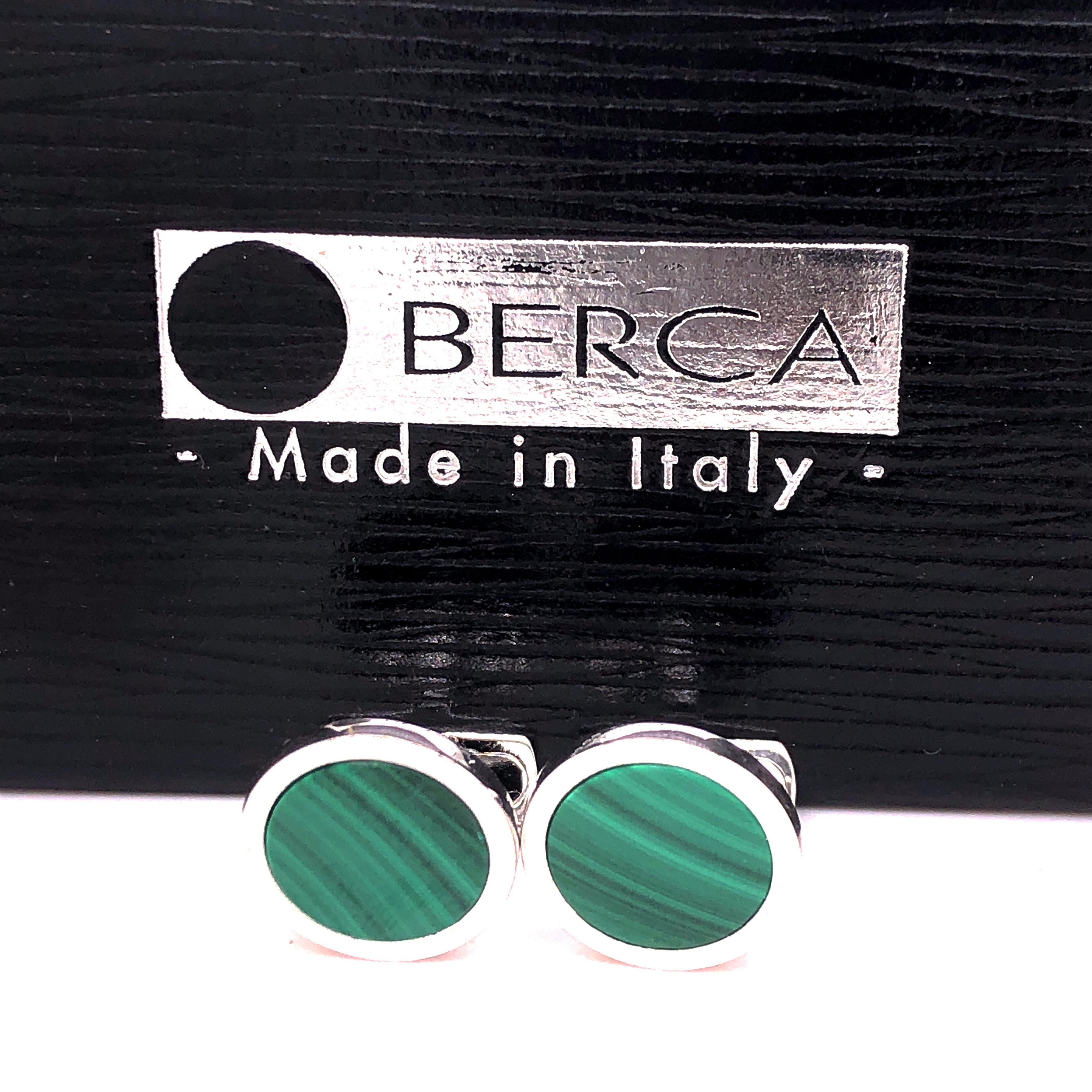 Chic and Timeless, Natural Hand Inlaid Green Malachite Round Shaped Sterling Silver Cufflinks, T-bar back.
In our smart fitted Black Box and Pouch.

