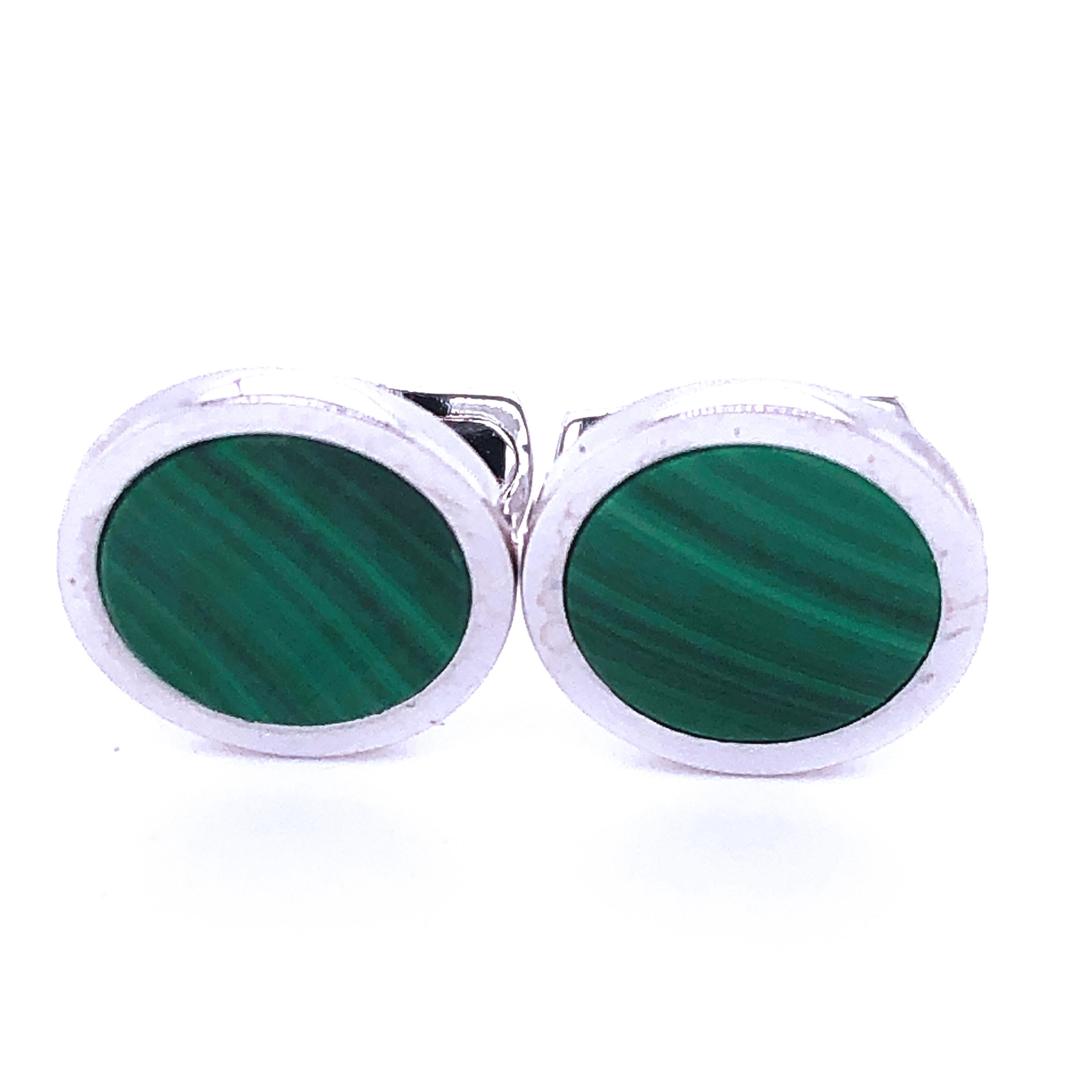Contemporary Berca Natural Malachite Round Shaped Sterling Silver Cufflinks For Sale