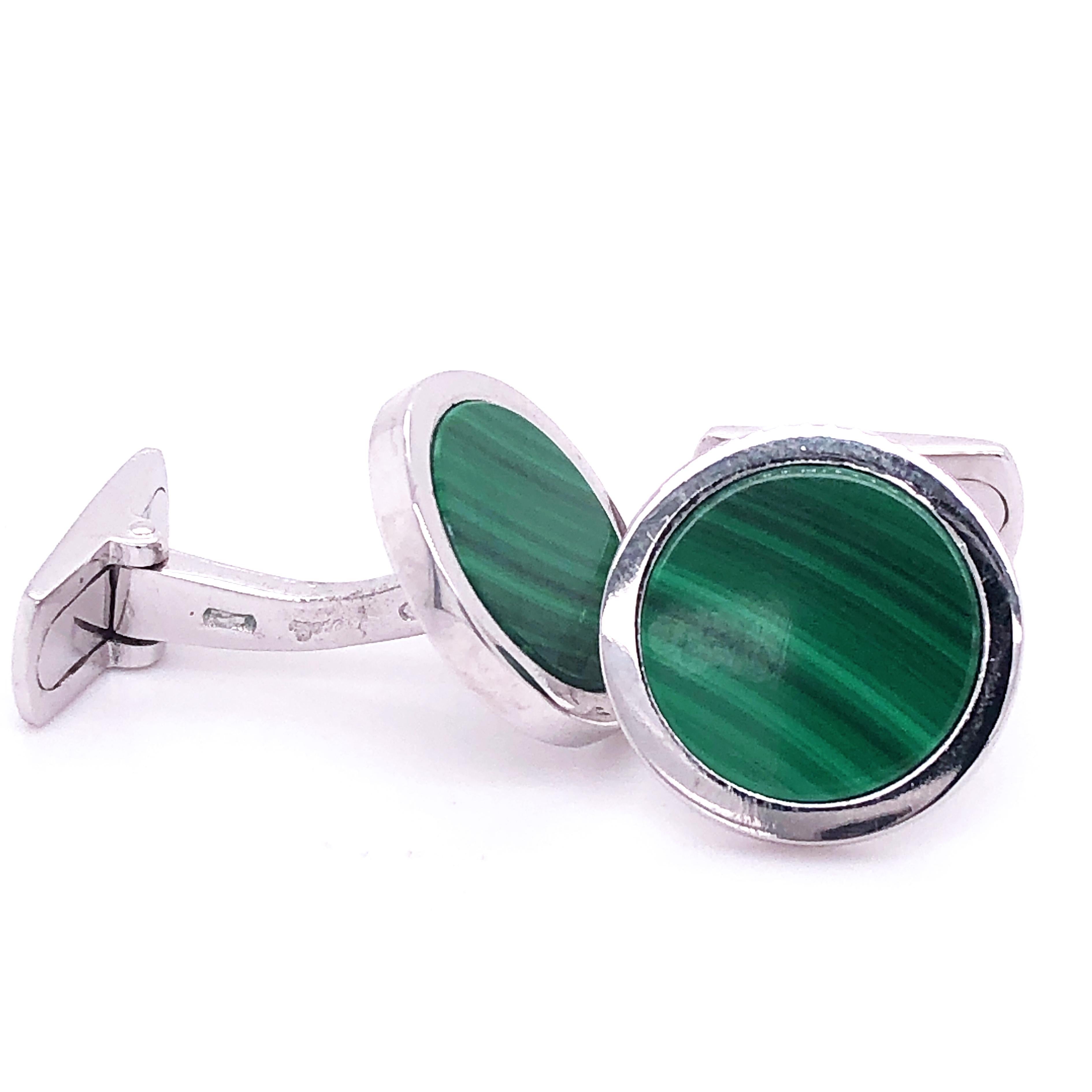 Round Cut Berca Natural Malachite Round Shaped Sterling Silver Cufflinks For Sale