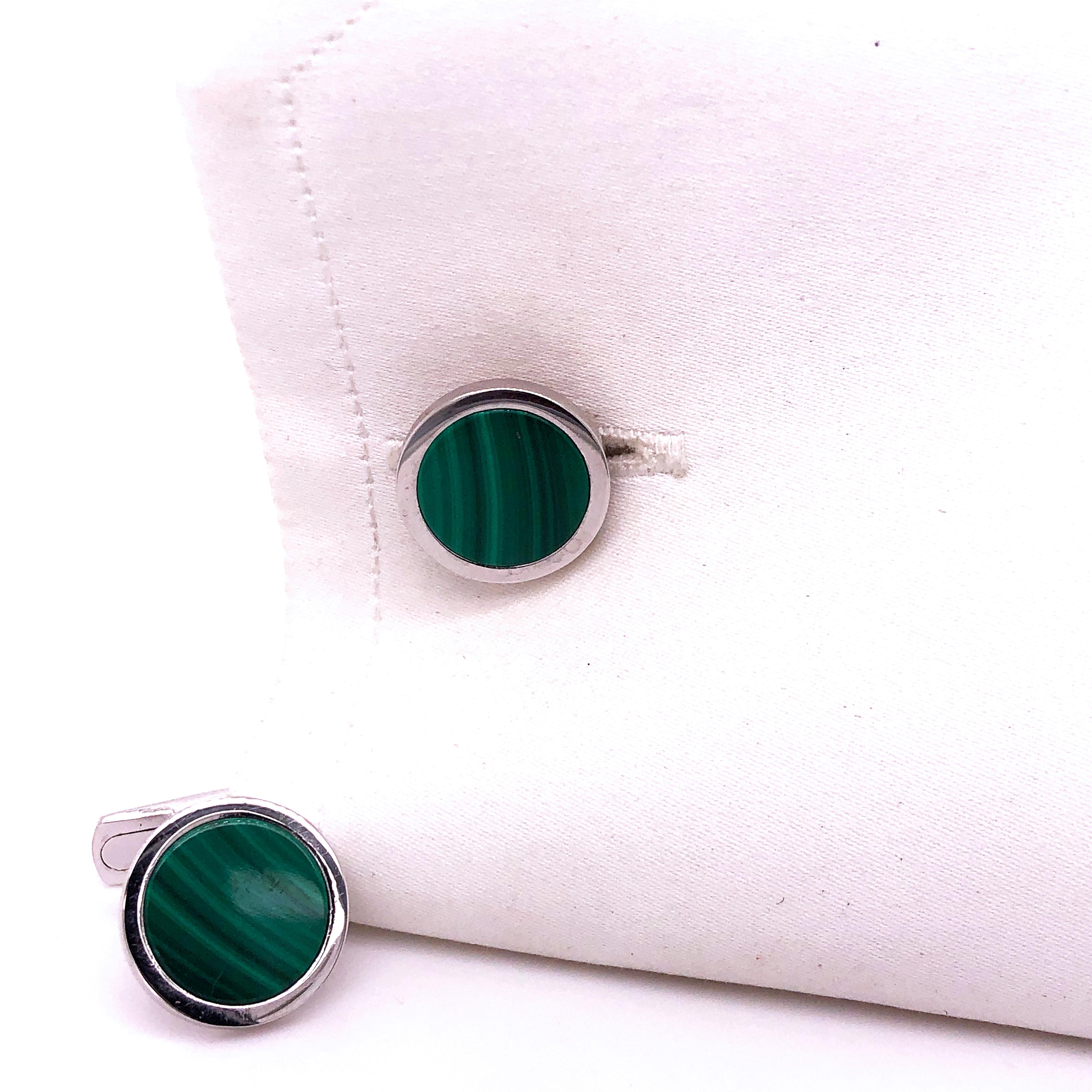 Berca Natural Malachite Round Shaped Sterling Silver Cufflinks In New Condition For Sale In Valenza, IT