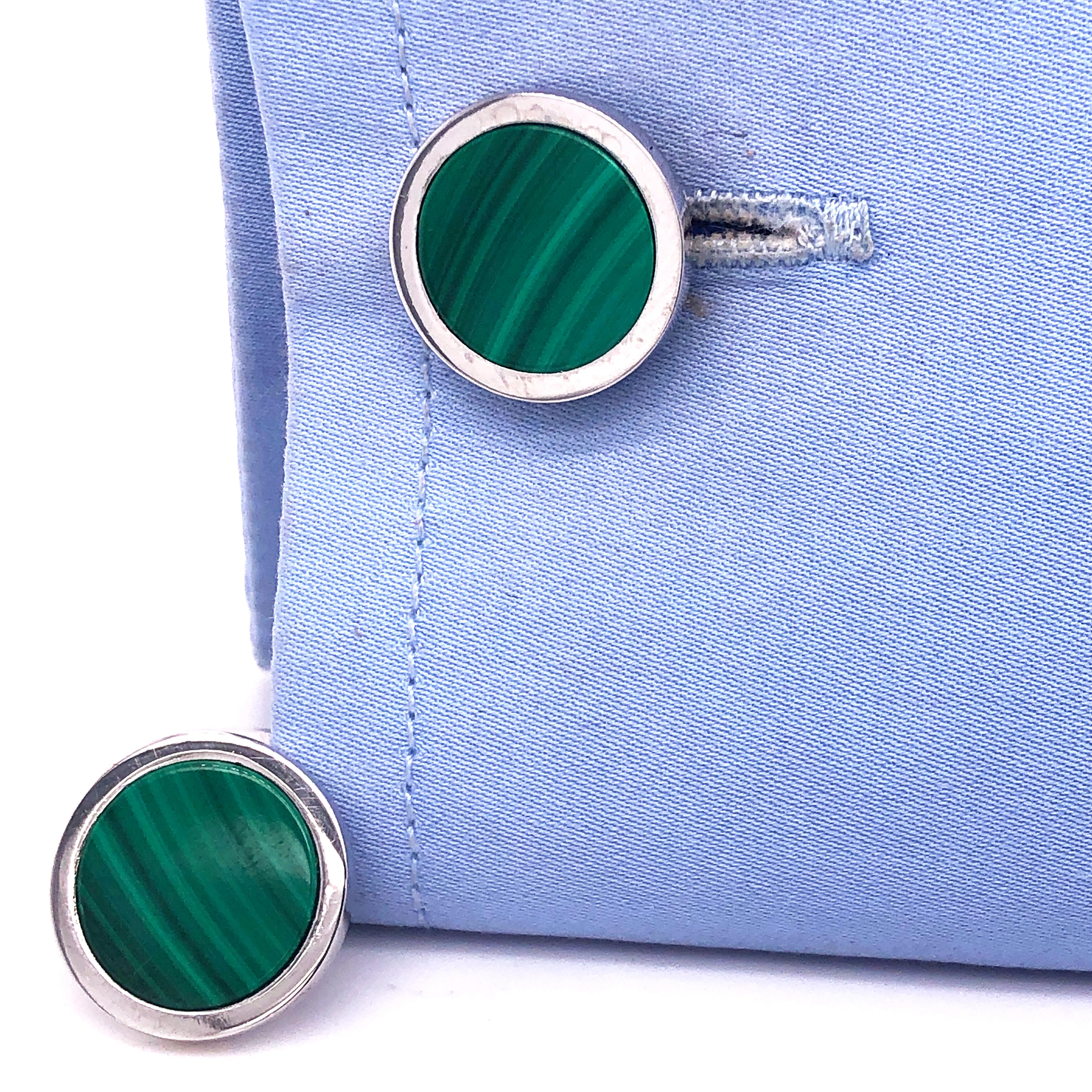 Men's Berca Natural Malachite Round Shaped Sterling Silver Cufflinks For Sale