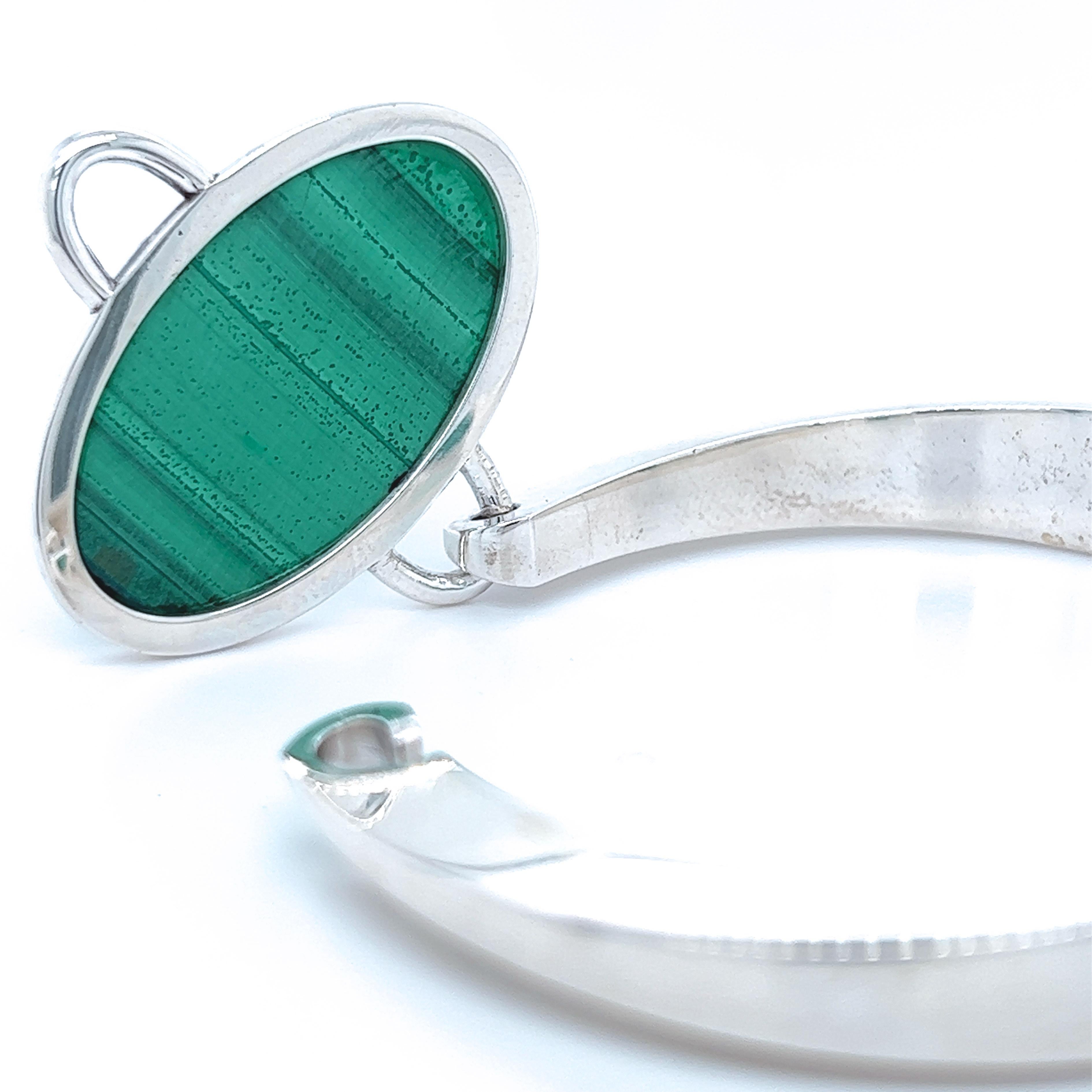 Contemporary Berca Natural Malachite Solid Sterling Silver Handcrafted Bangle Bracelet For Sale