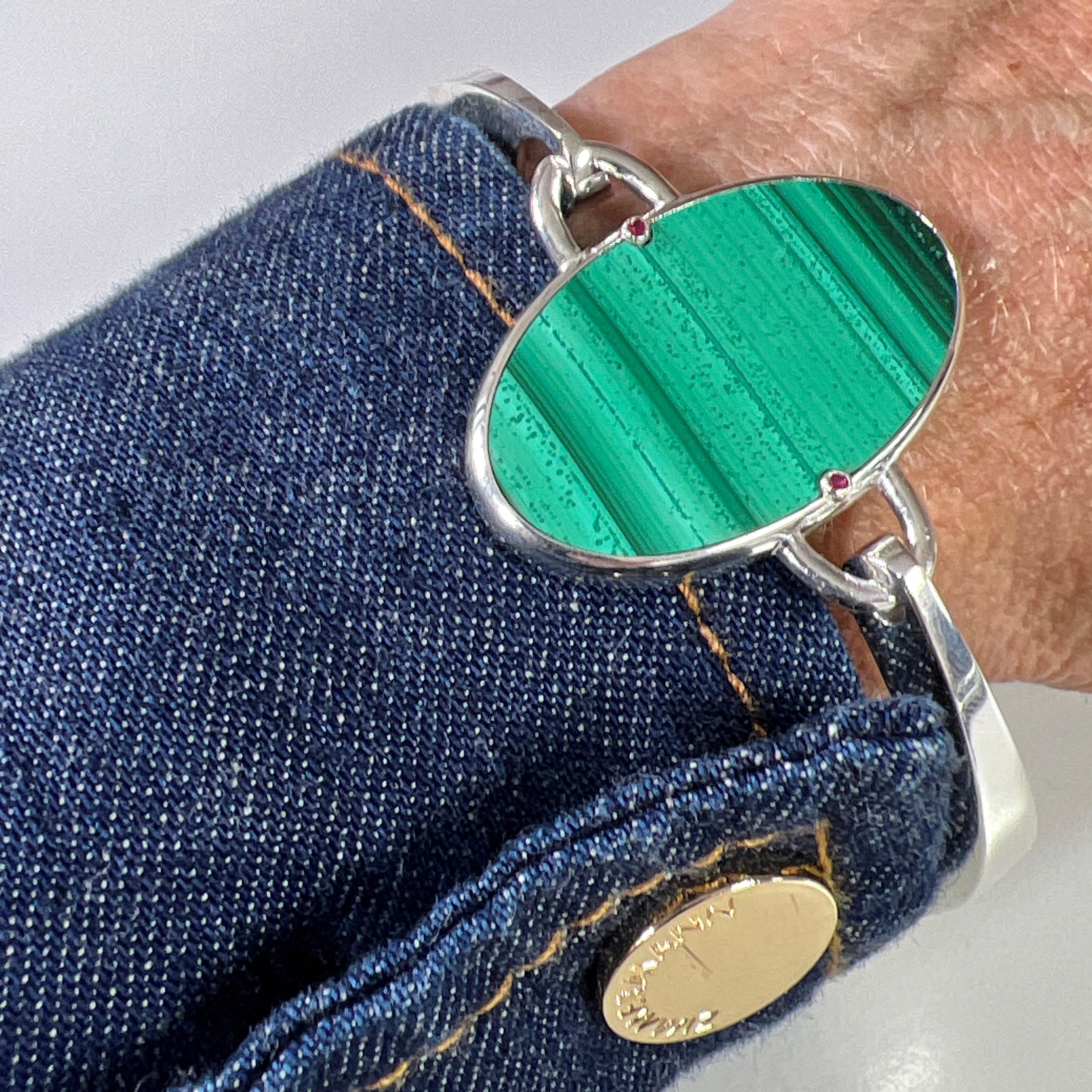 Women's or Men's Berca Natural Malachite Solid Sterling Silver Handcrafted Bangle Bracelet For Sale