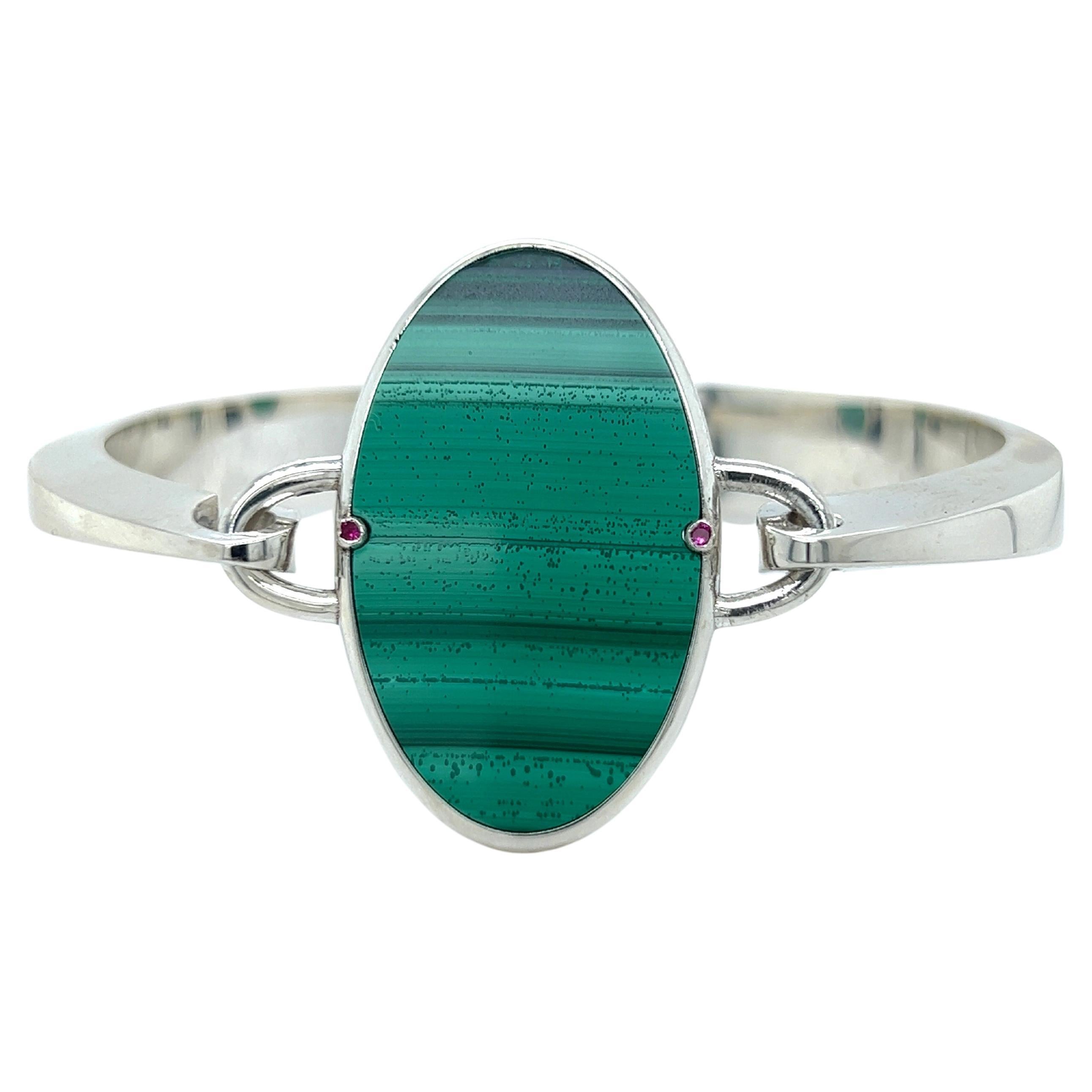 Berca Natural Malachite Solid Sterling Silver Handcrafted Bangle Bracelet For Sale
