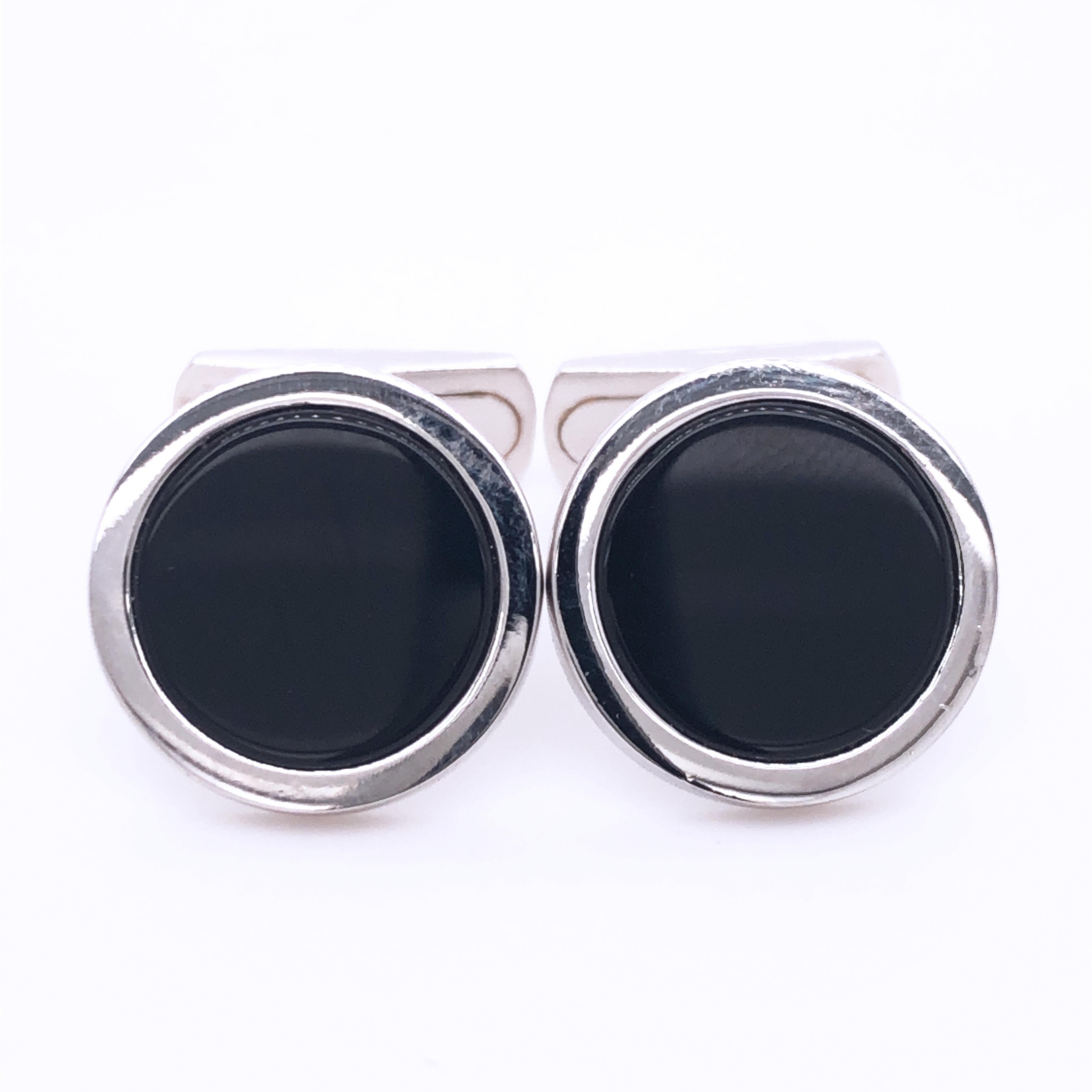 Round Cut Natural Onyx Round Shaped Sterling Silver Cufflinks For Sale