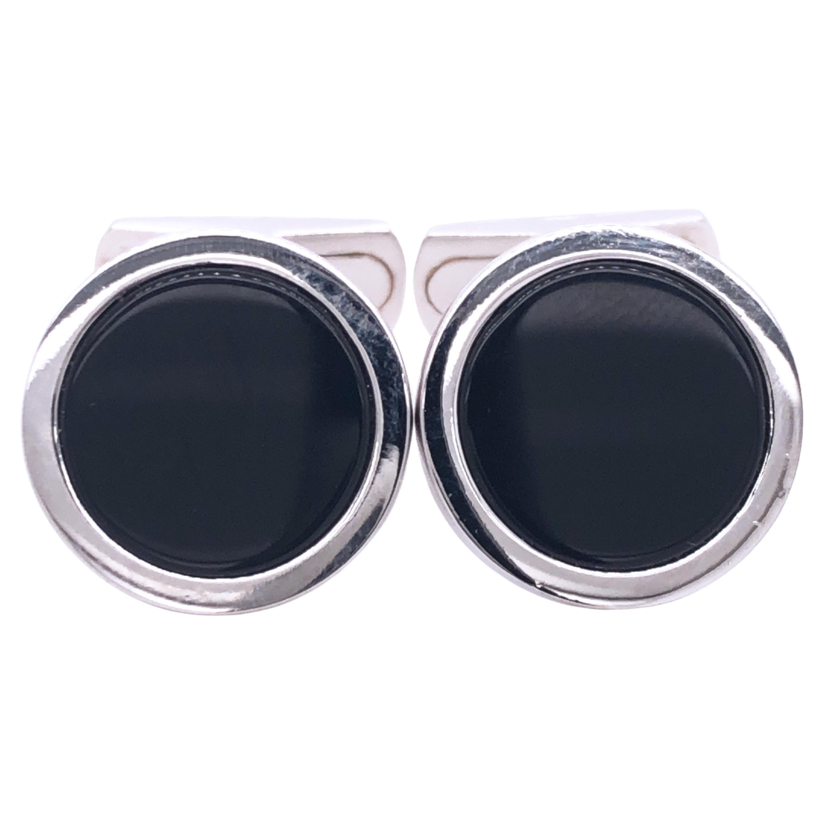 Natural Onyx Round Shaped Sterling Silver Cufflinks For Sale