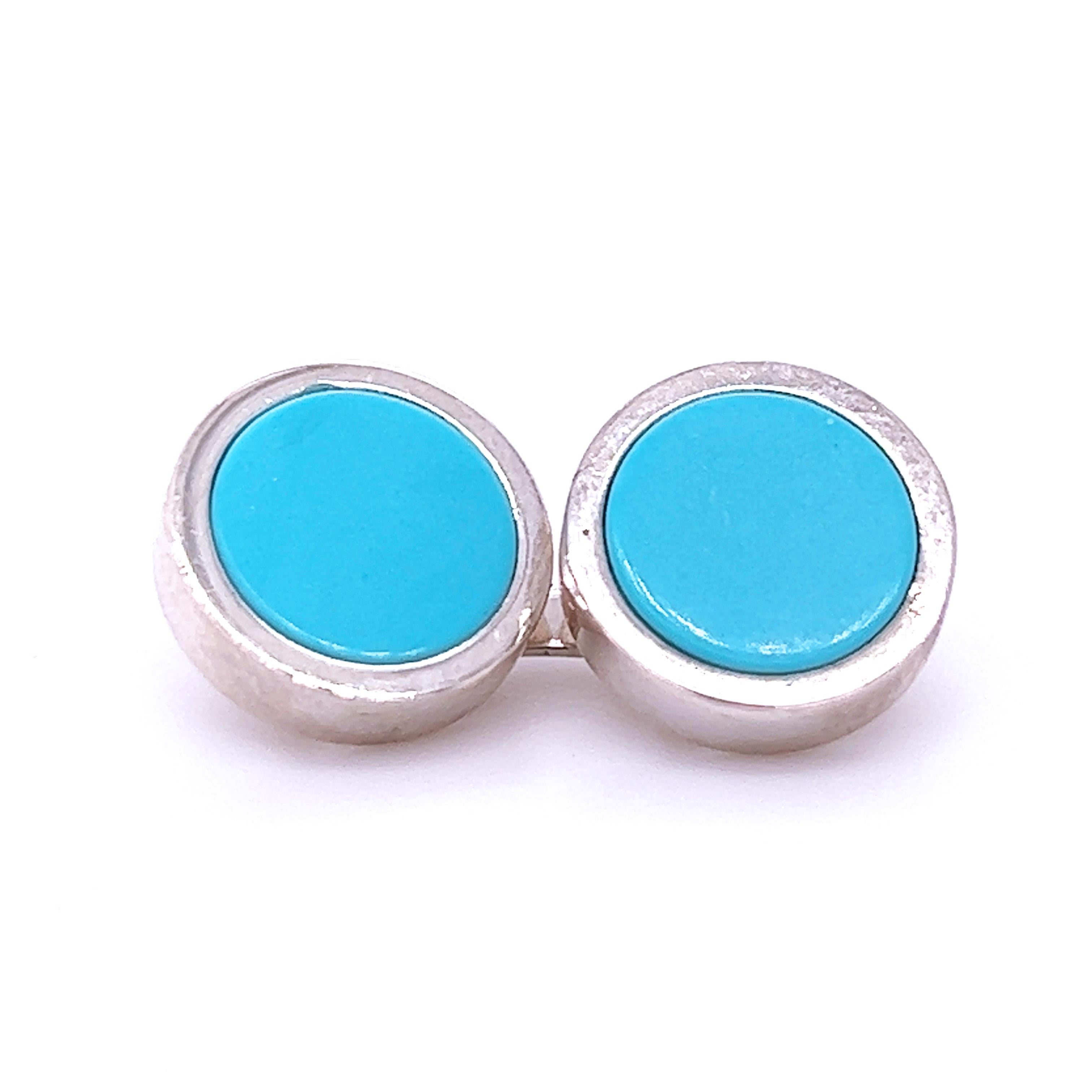 Chic and Timeless, Natural Hand Inlaid Natural Turquoise Disk Round Shaped Sterling Silver Cufflinks.
In our smart fitted Tobacco Suede Leather Case and Pouch.

