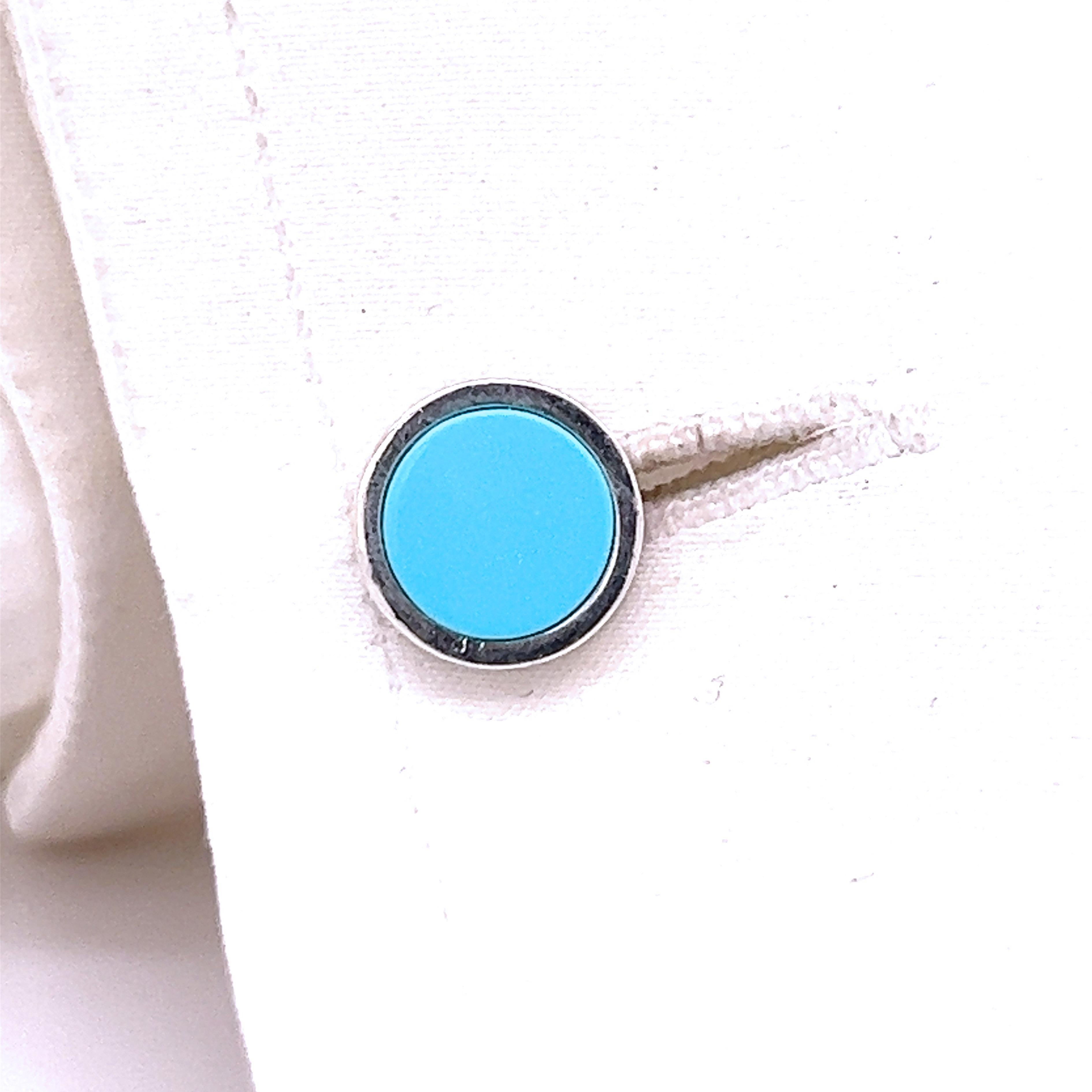 Contemporary Berca Natural Turquoise Disk Round Shaped Sterling Silver Cufflinks For Sale