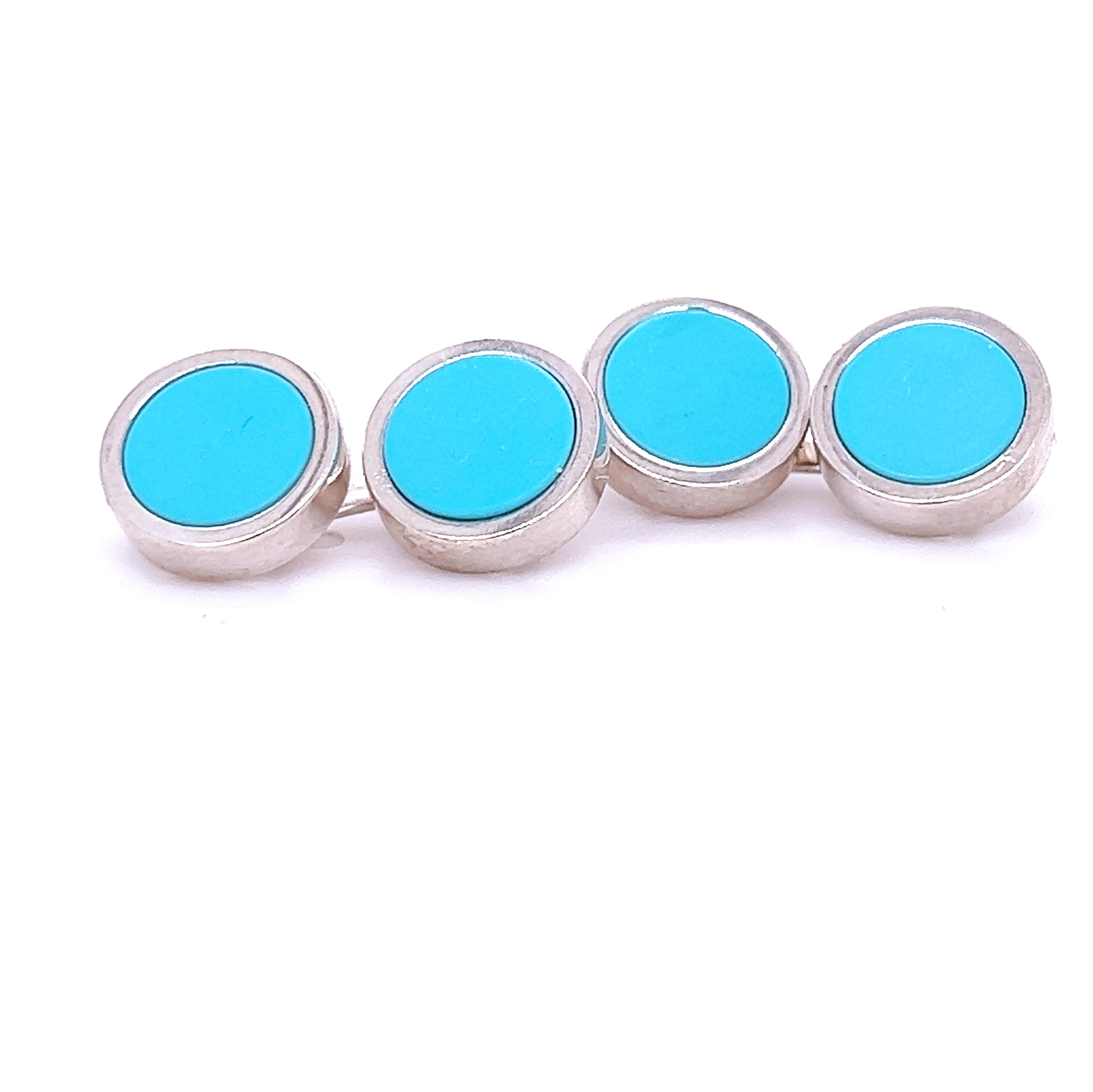 Round Cut Berca Natural Turquoise Disk Round Shaped Sterling Silver Cufflinks For Sale