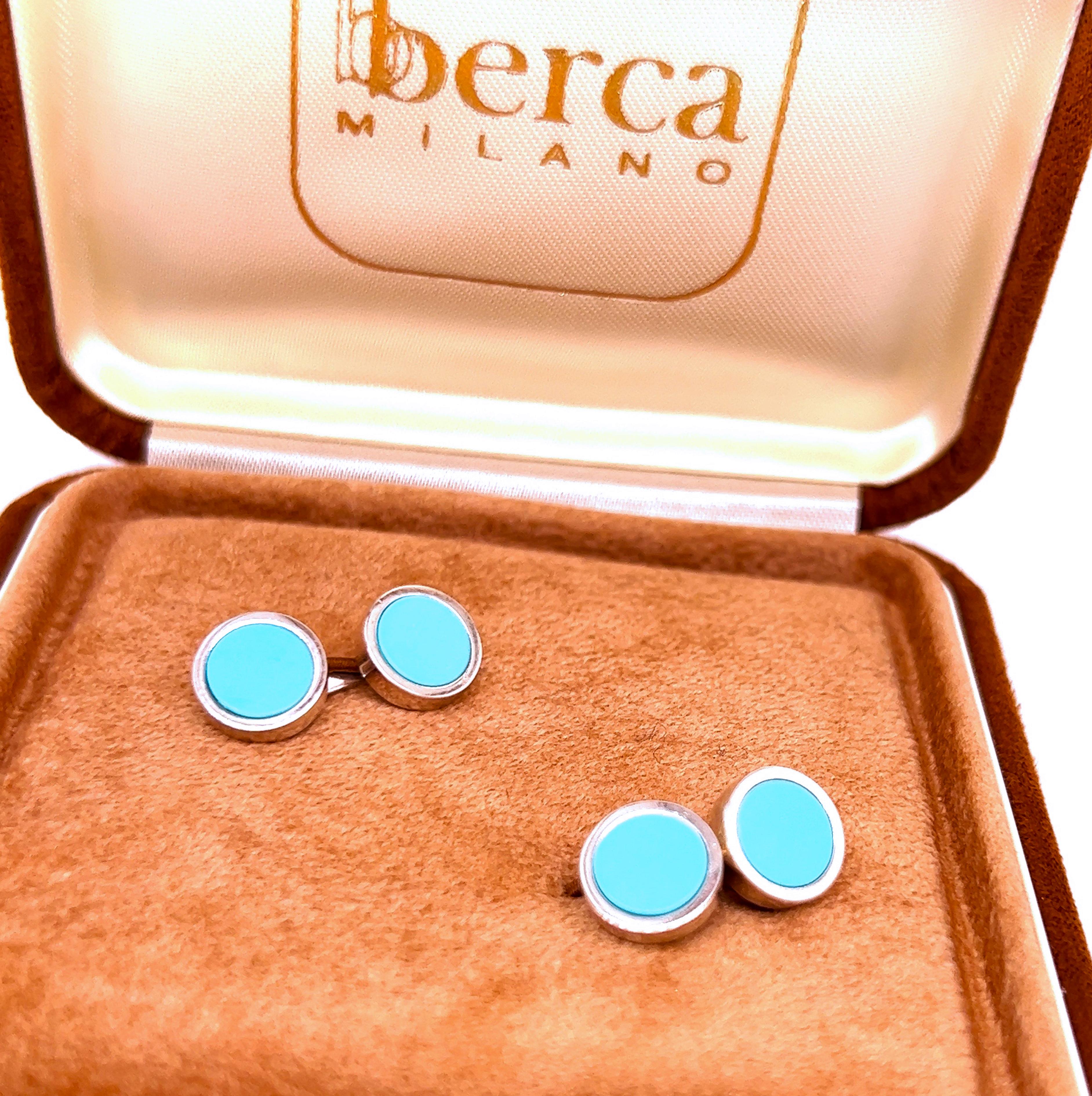 Men's Berca Natural Turquoise Disk Round Shaped Sterling Silver Cufflinks For Sale