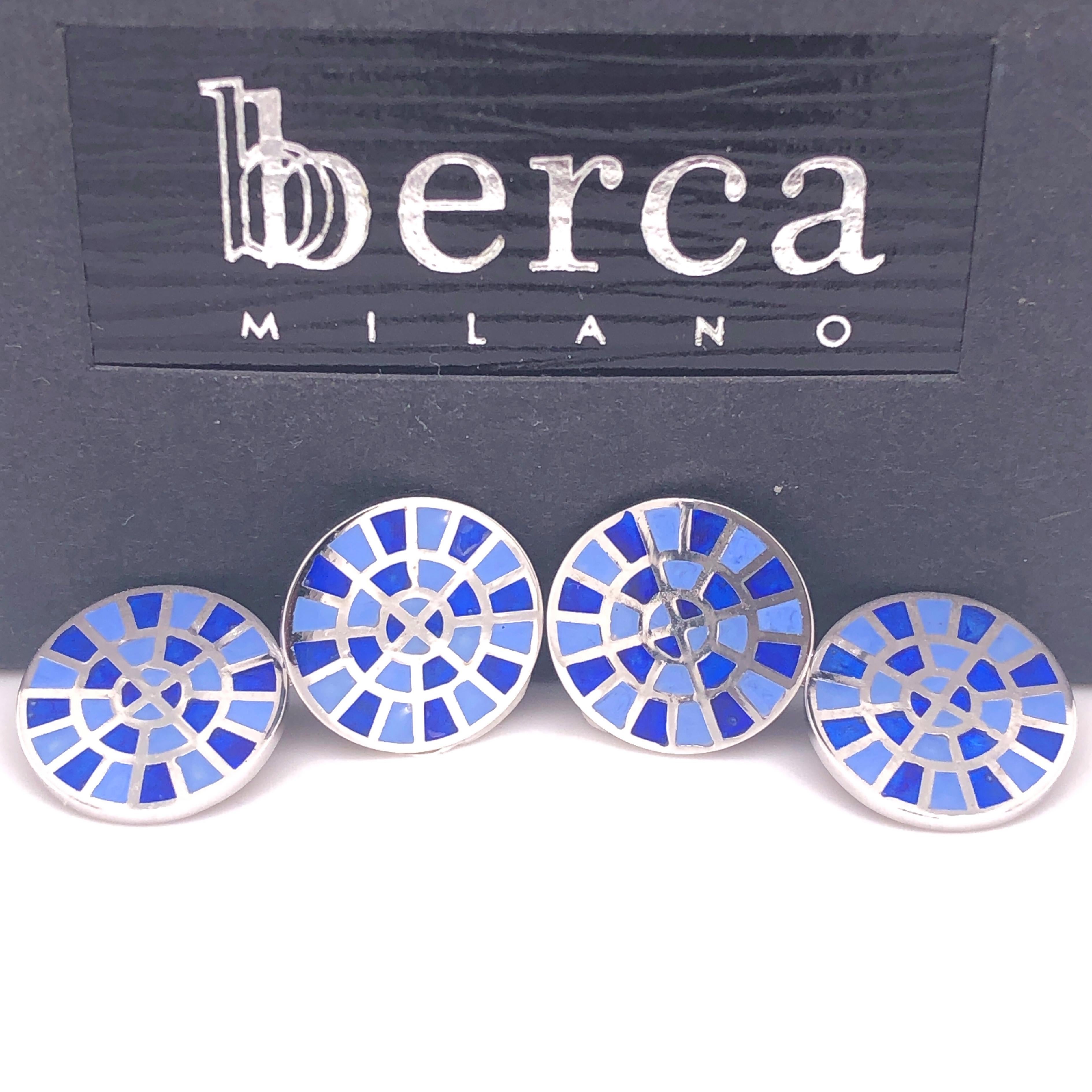 Contemporary Berca Navy and Cornflower Blue Round Hand Enameled Sterling Silver Cufflinks For Sale