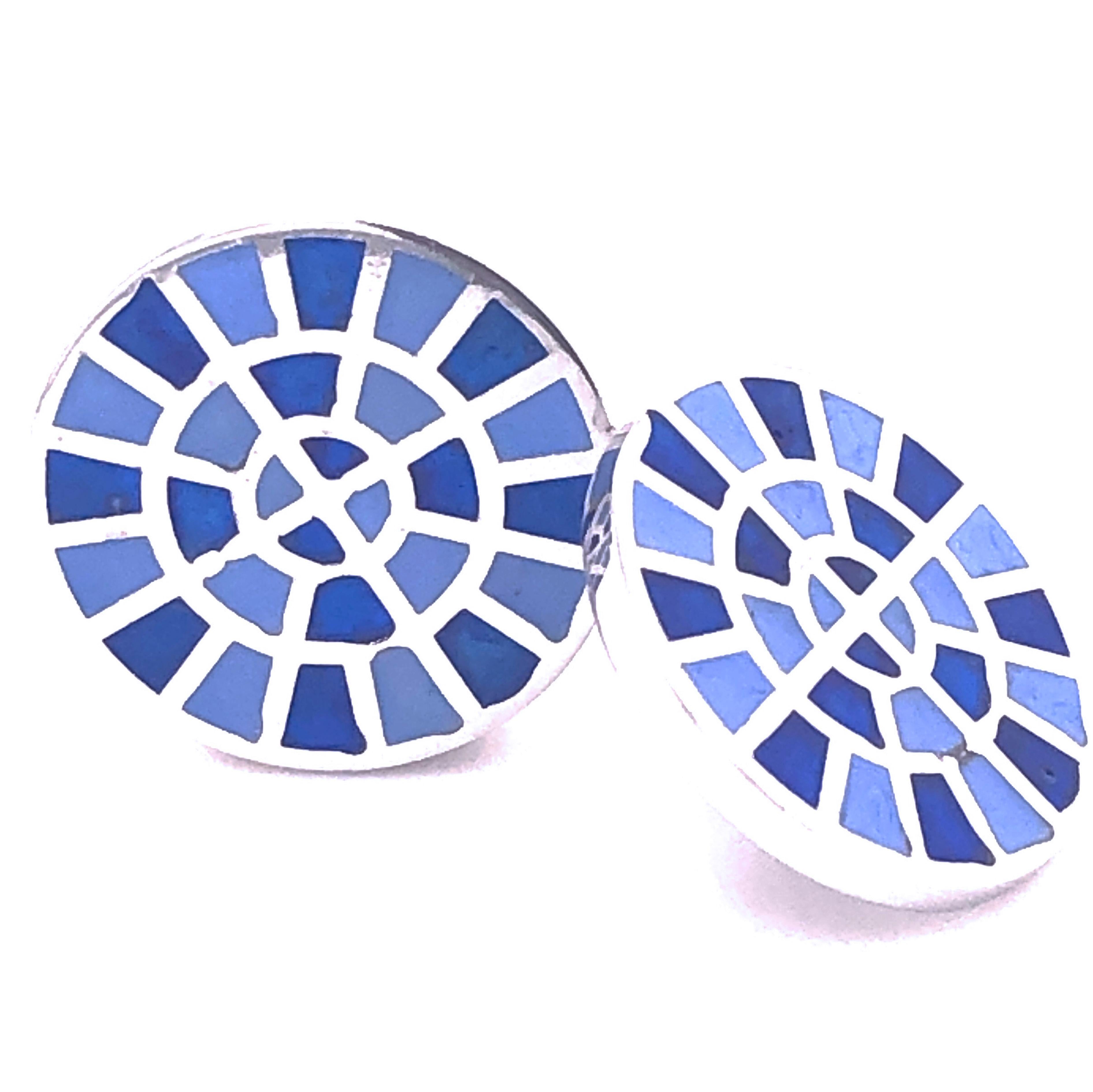 Unique, absolutely Chic yet Timeless Navy and Cornflower Blue, Mosaic Effect, Hand Enamelled Round Disk Shaped Sterling Silver Setting Cufflinks.
In our fitted Black Box and Pouch.