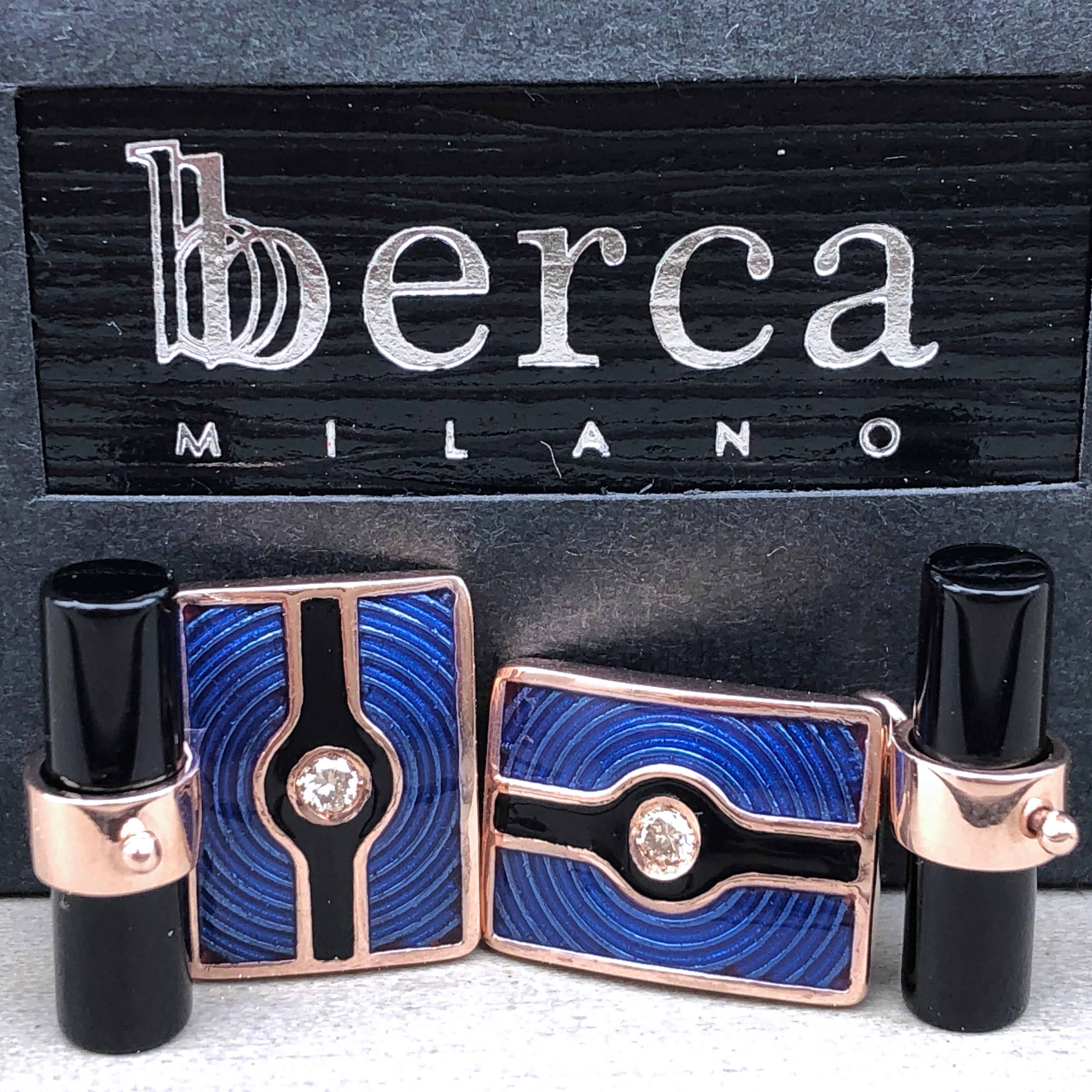 Unique, absolutely Chic yet Timeless 0.10 Carat White Diamond in a Navy Blue and Black Champlevé Technique Hand Enameled Rose Gold Rectagular Shaped Setting Cufflinks, Hand Inlaid Onyx Baton Back .
In our fitted Black Box and Pouch.