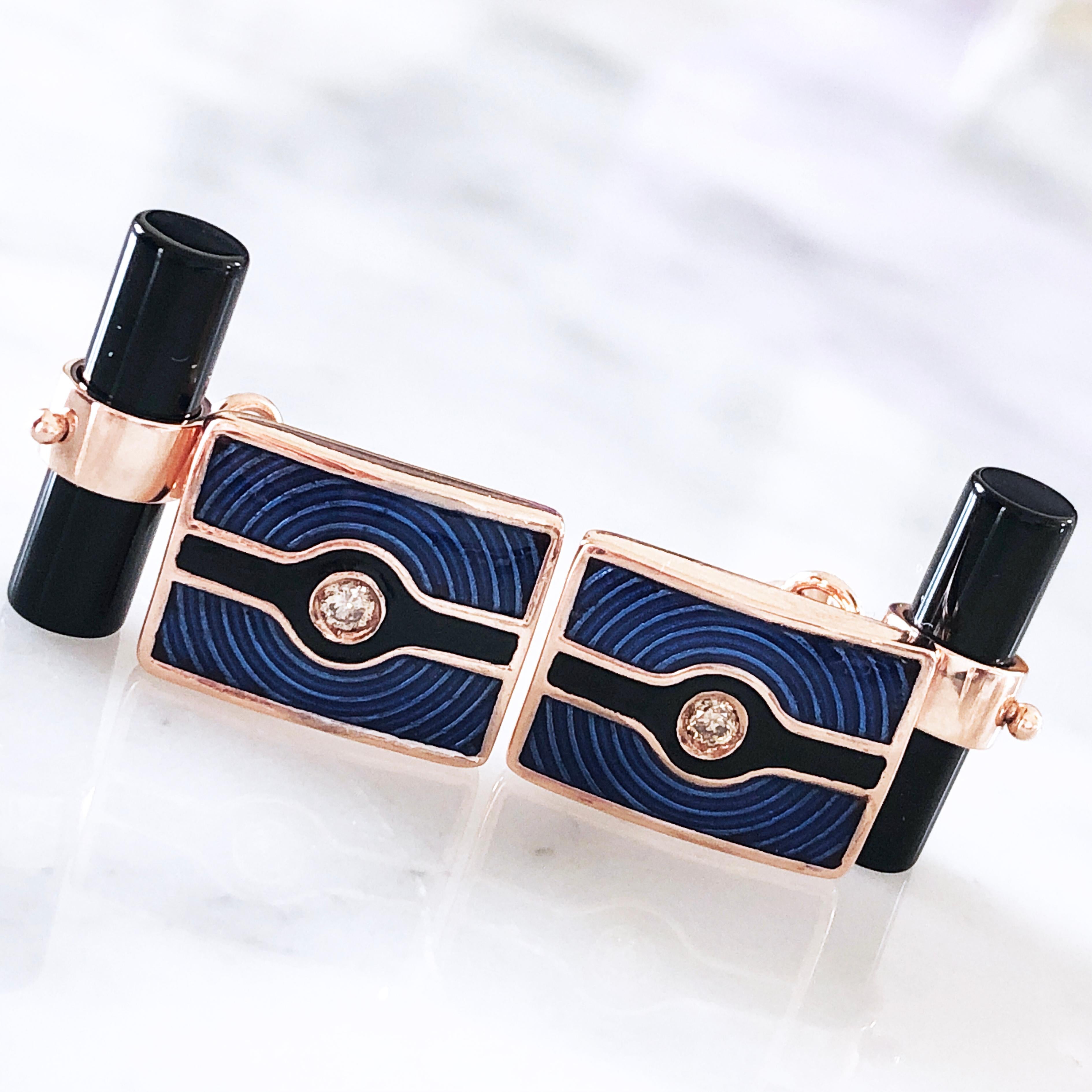 Round Cut Berca Navy Blue Black Enameled White Diamond Rose Gold Onyx Baton Back Cufflinks For Sale